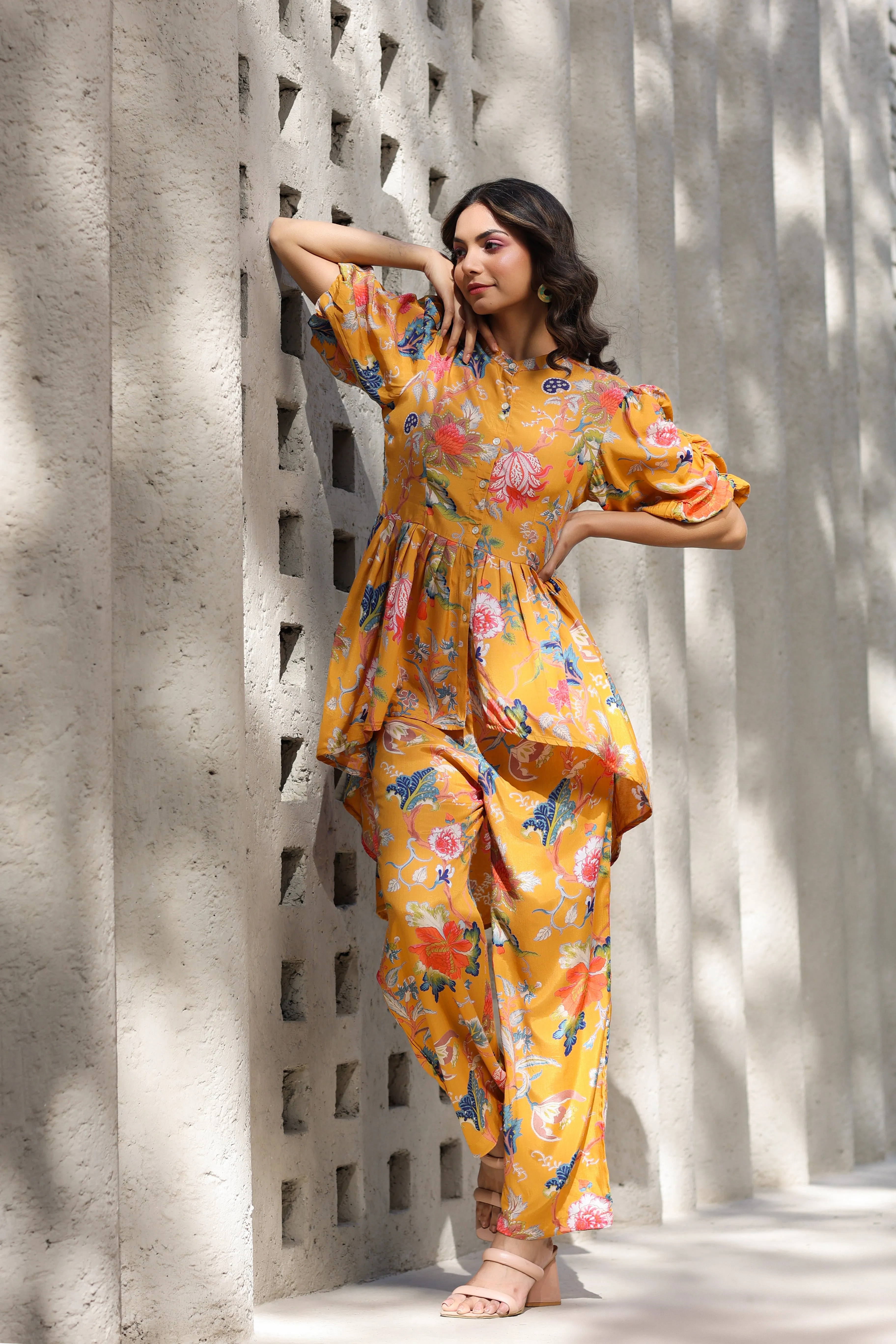 Floral Jaal on a Mustard Silk Peplum Co ord Set