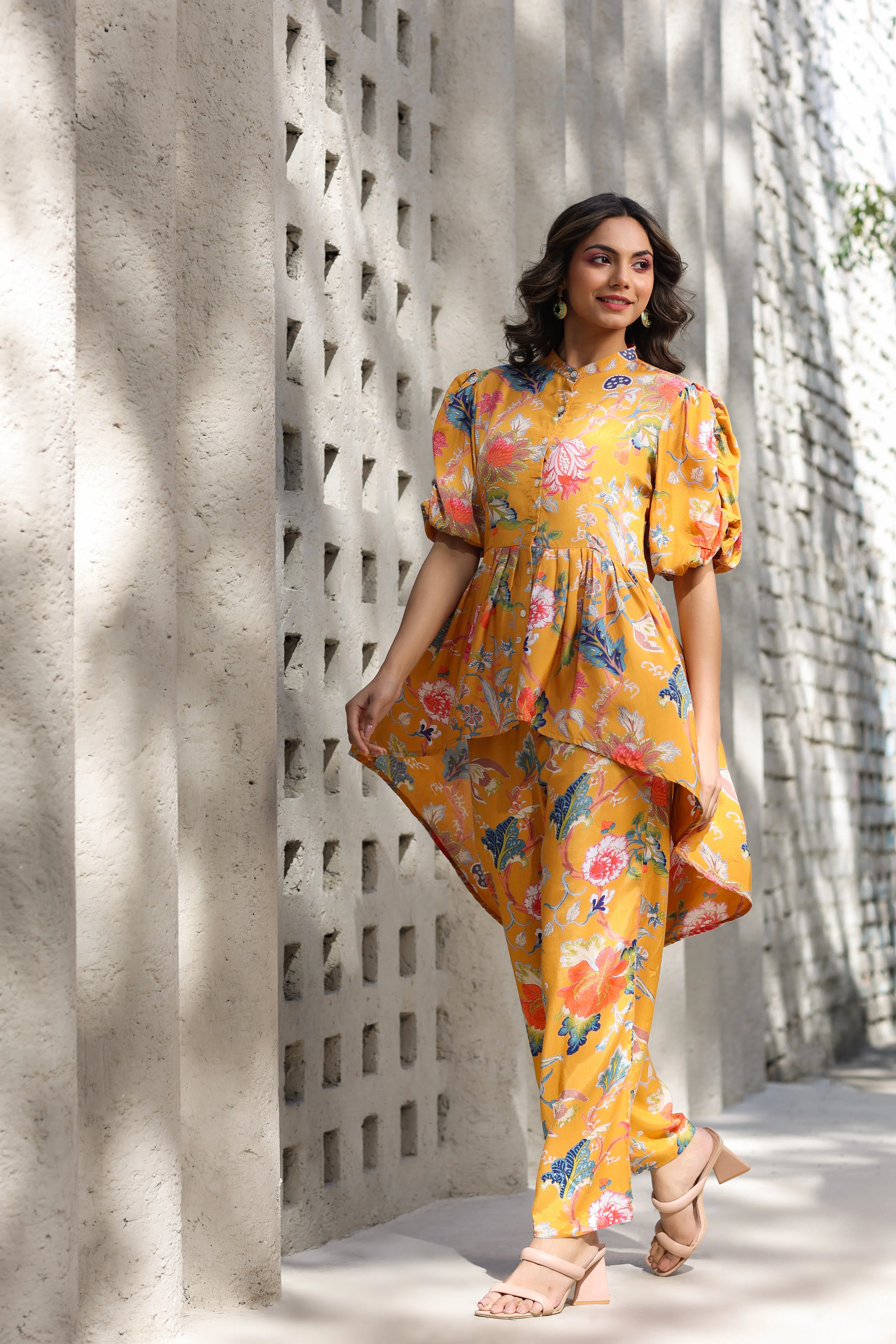 Floral Jaal on a Mustard Silk Peplum Co ord Set