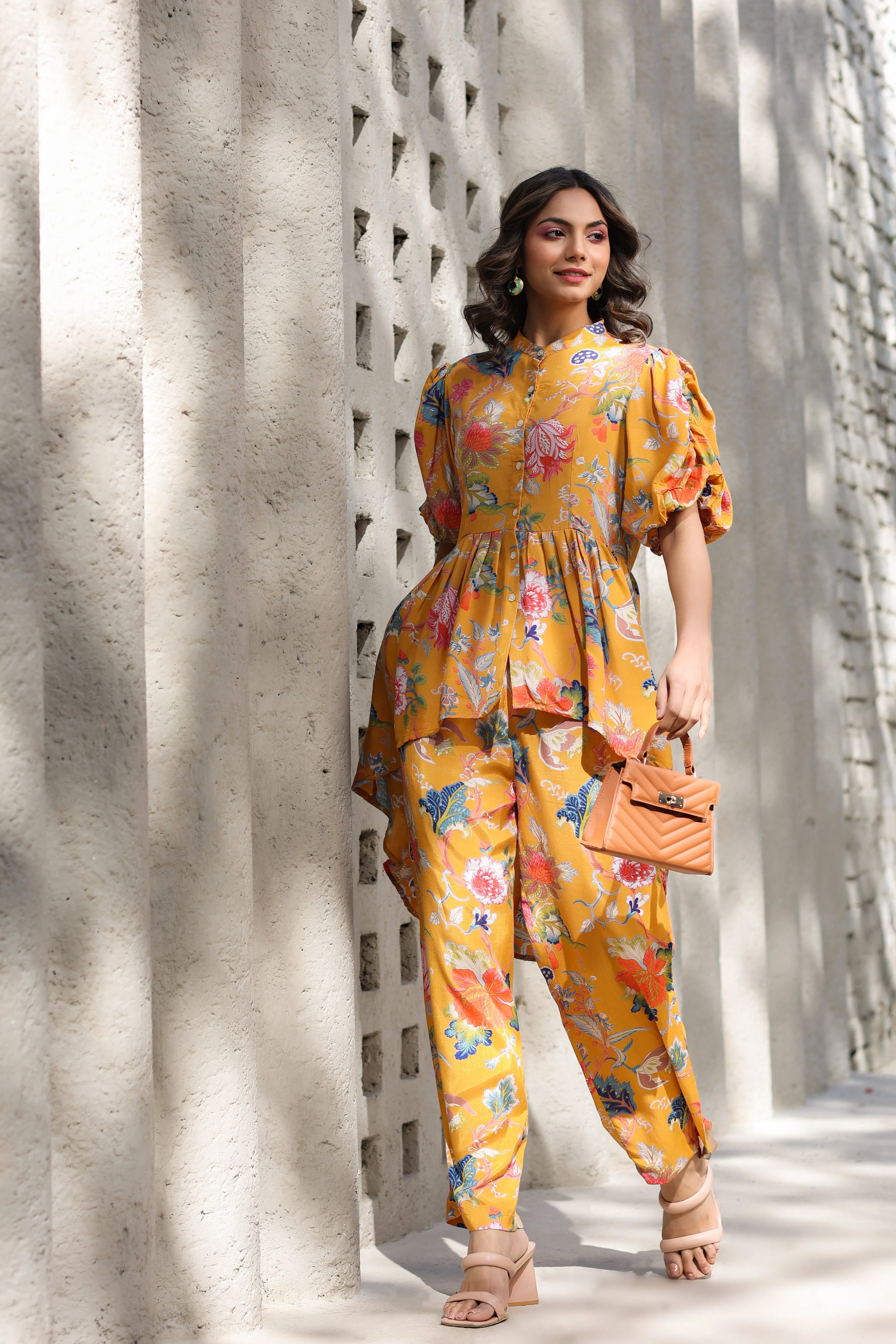 Floral Jaal on a Mustard Silk Peplum Co ord Set