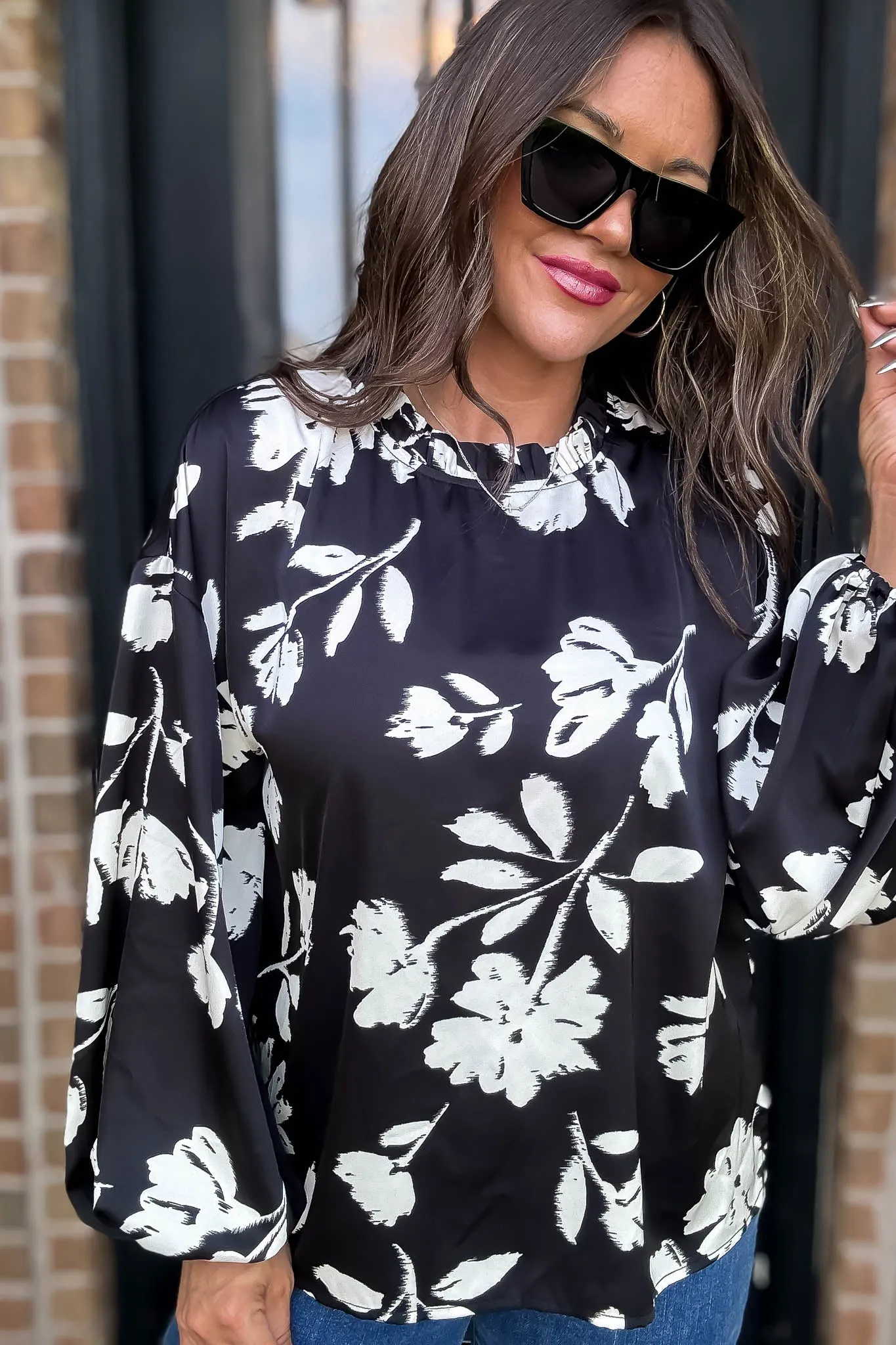 Floral Printed Half High Neck Frill Blouse Top