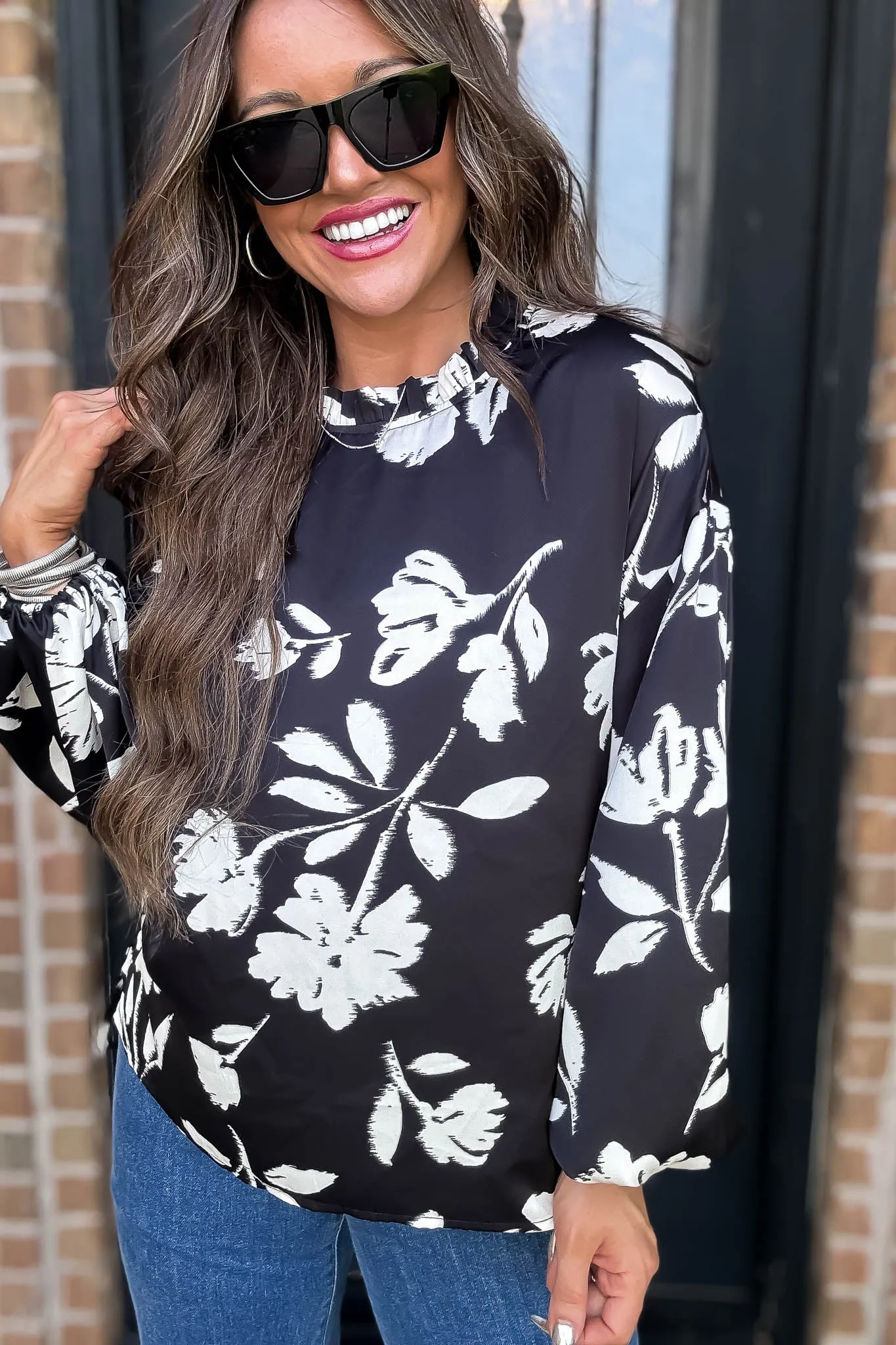 Floral Printed Half High Neck Frill Blouse Top