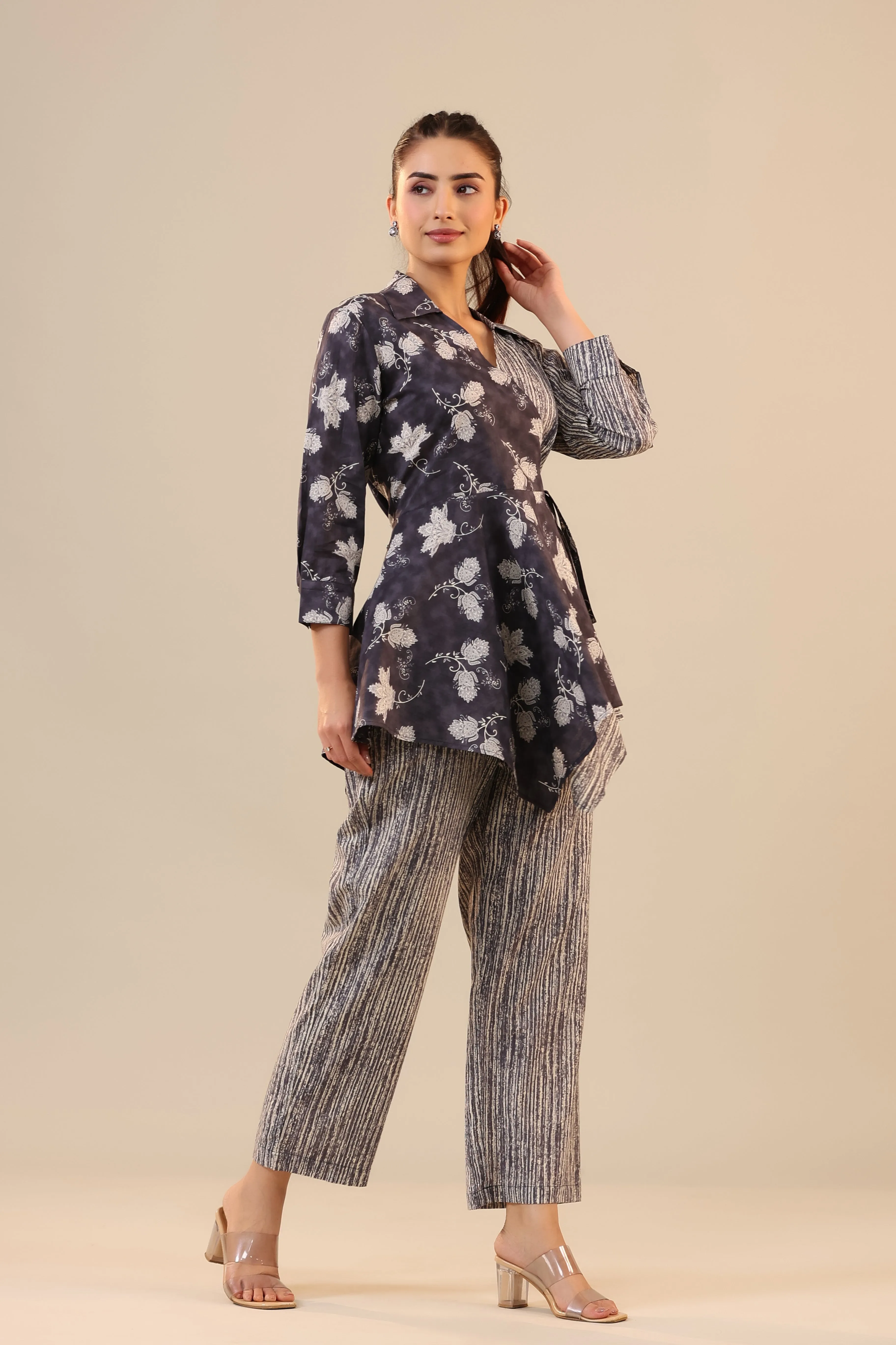 Grey Batik with Stripes on Knot Cotton Loungewear Set