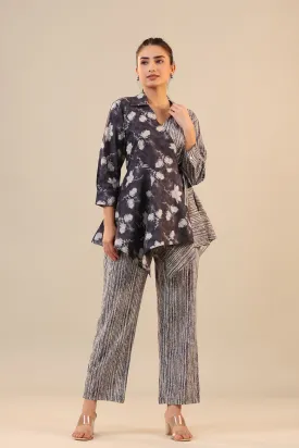 Grey Batik with Stripes on Knot Cotton Loungewear Set