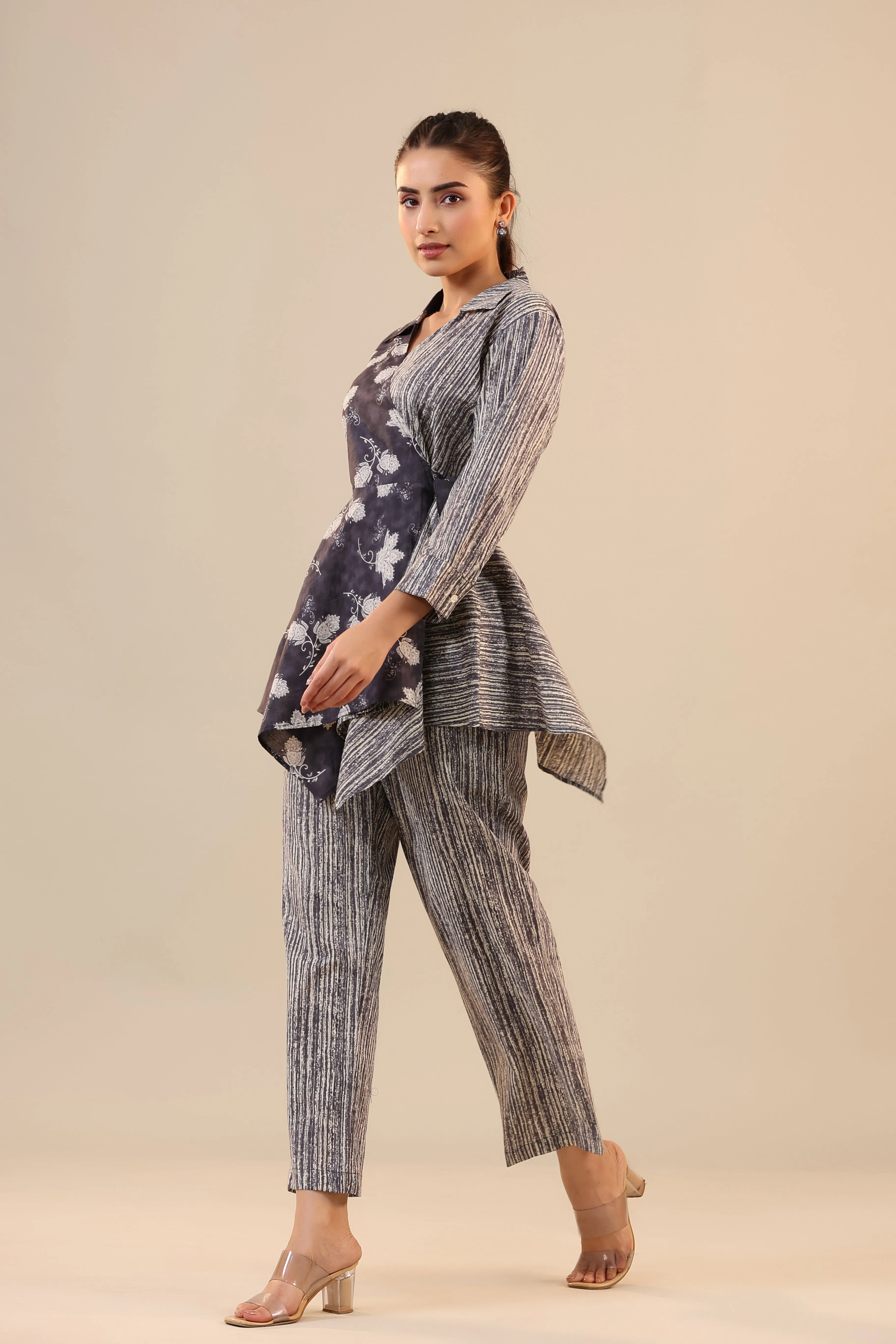 Grey Batik with Stripes on Knot Cotton Loungewear Set