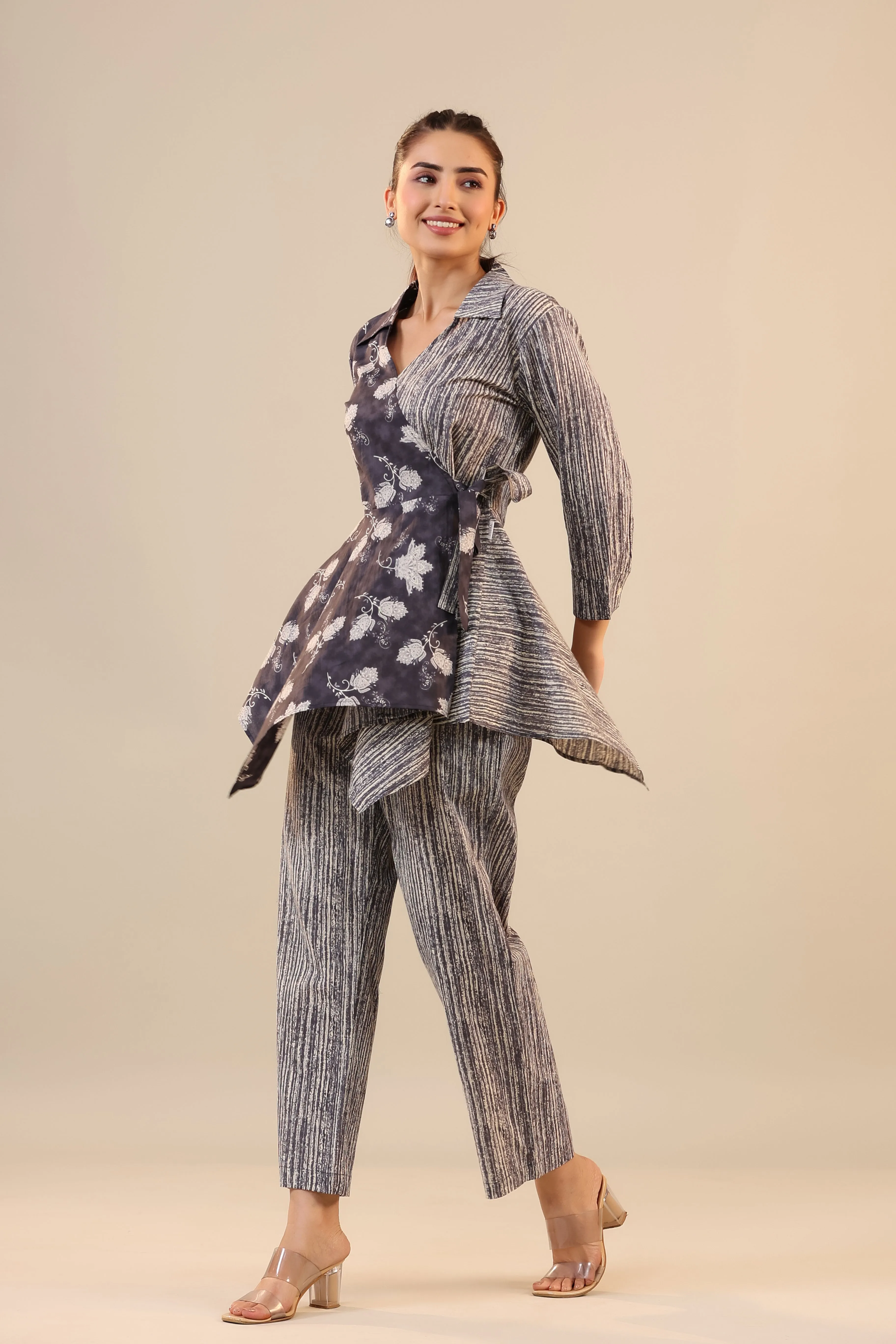 Grey Batik with Stripes on Knot Cotton Loungewear Set