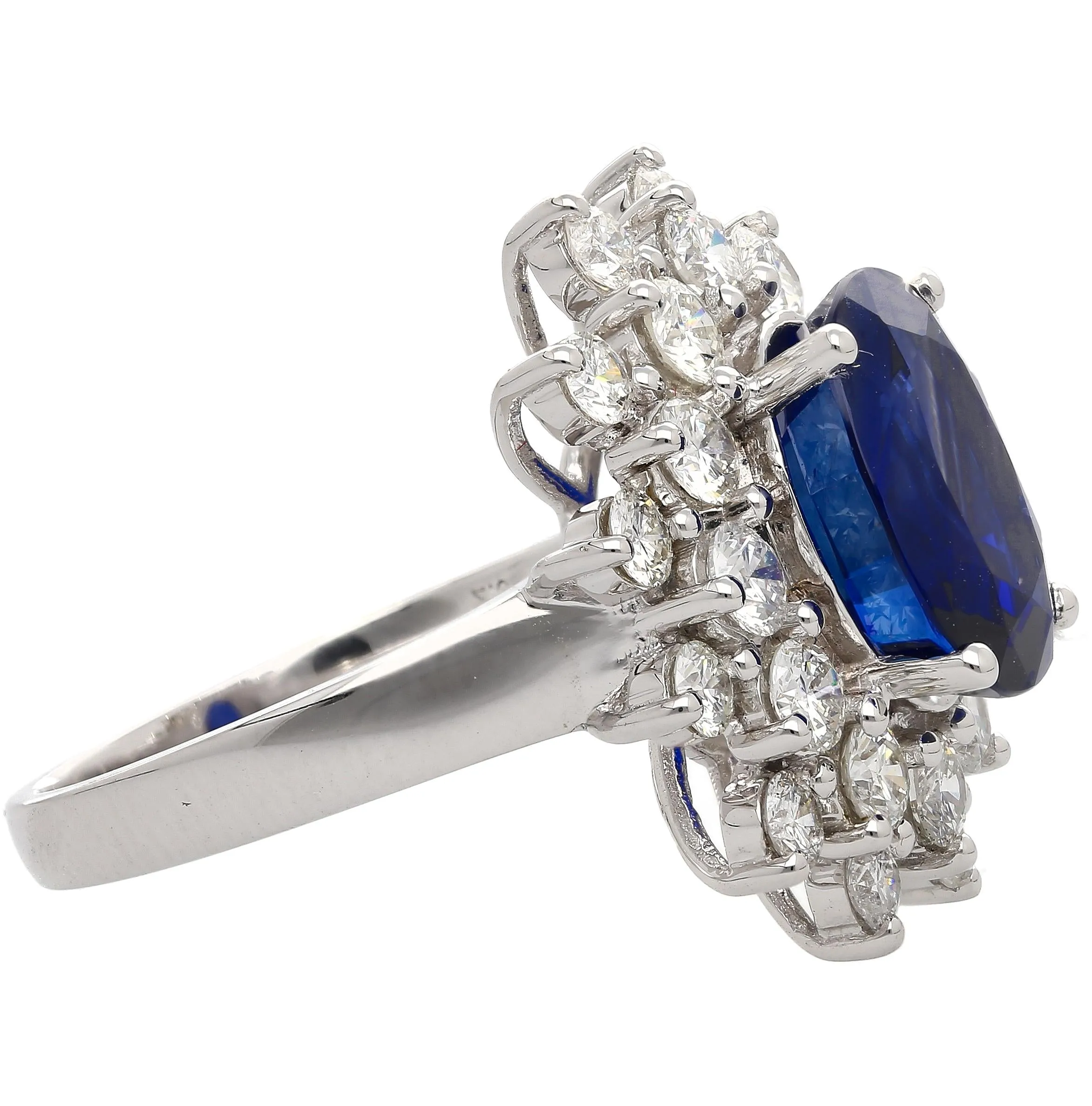 GRS Certified 5.79 Carat Oval Royal Blue Sapphire and Diamond Halo Ring