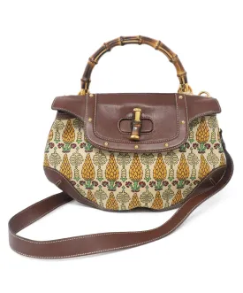 Gucci Brown & Tan Canvas Print Satchel w/ Bamboo Details