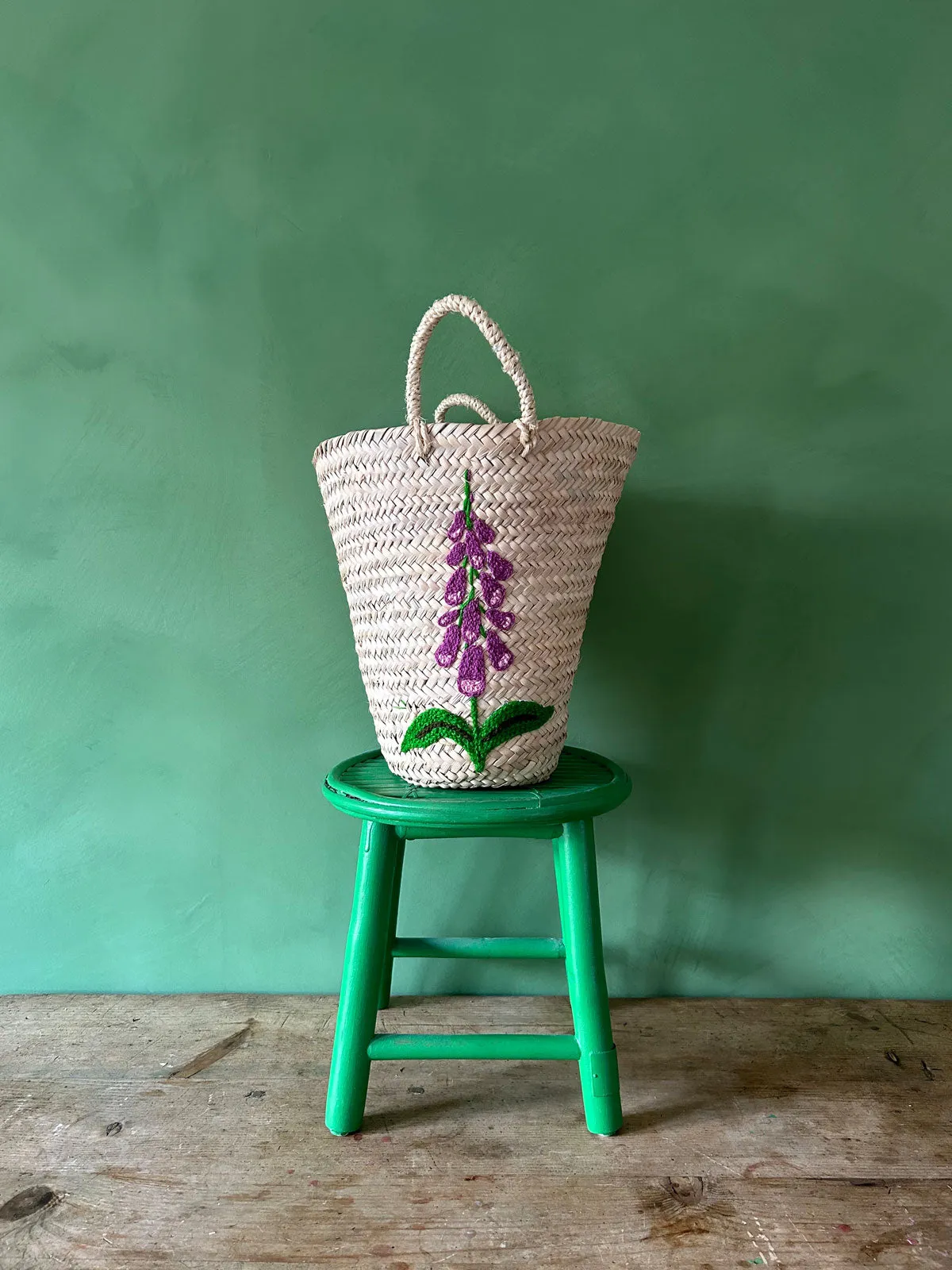 Hand Embroidered Bucket Basket, Foxglove