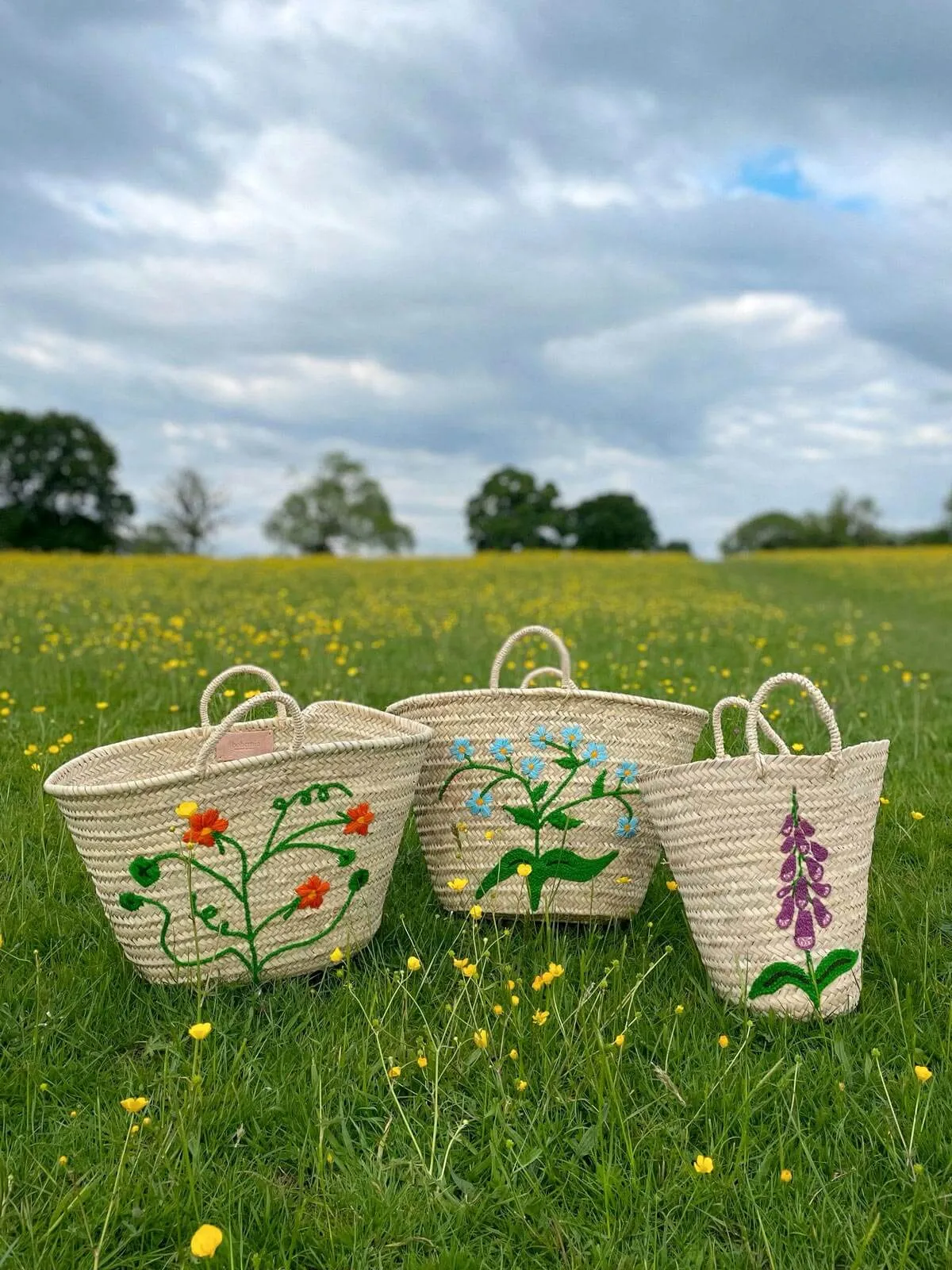 Hand Embroidered Bucket Basket, Foxglove