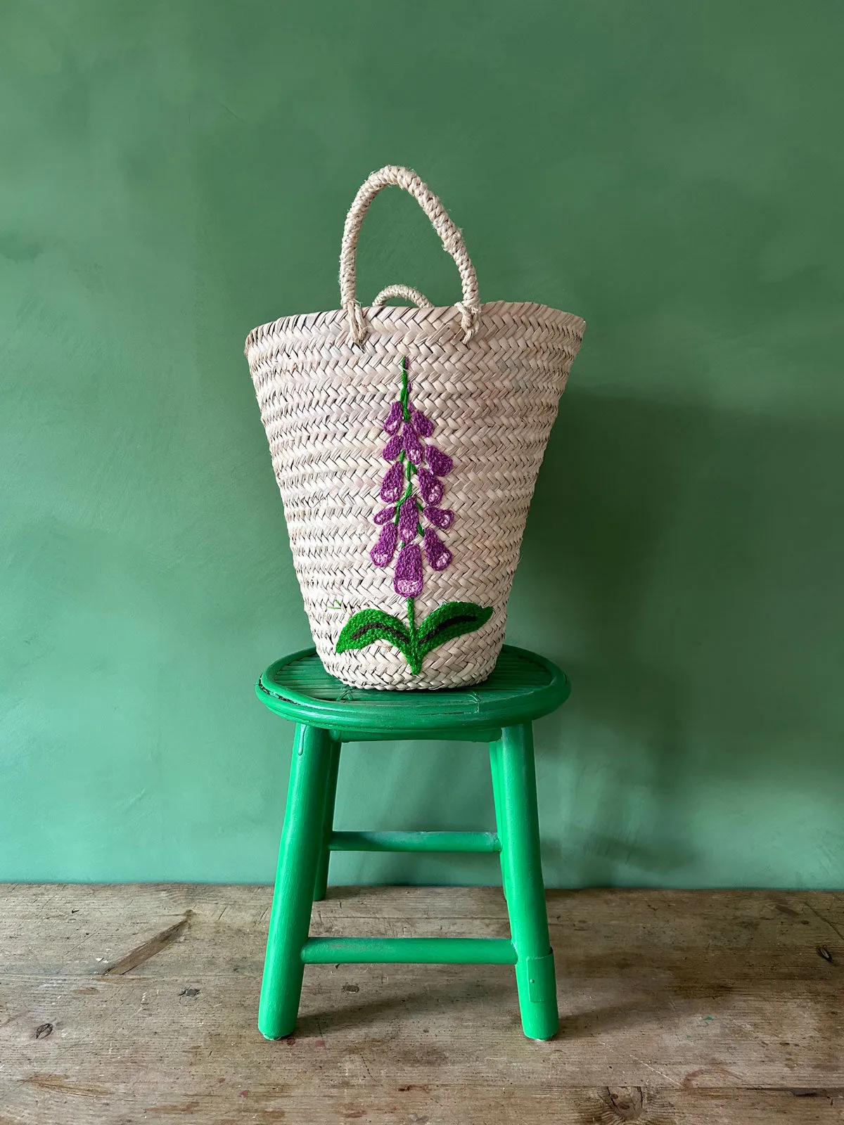 Hand Embroidered Bucket Basket, Foxglove