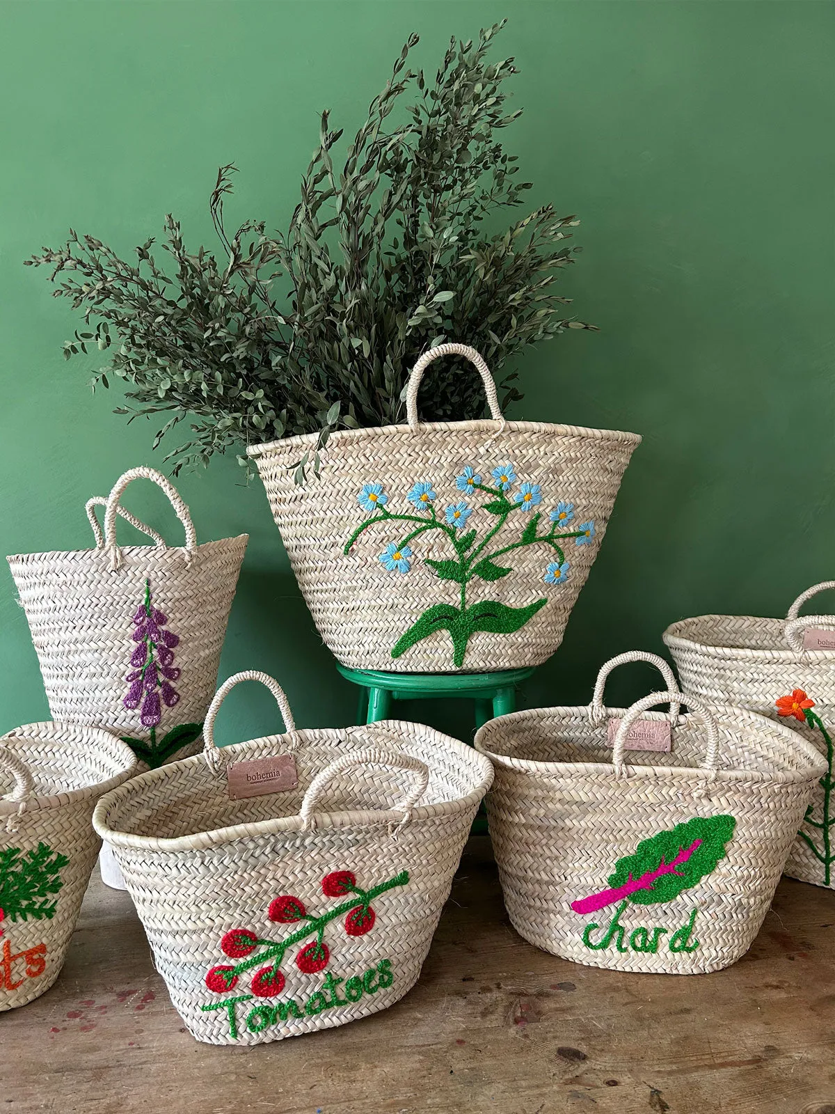 Hand Embroidered Bucket Basket, Foxglove