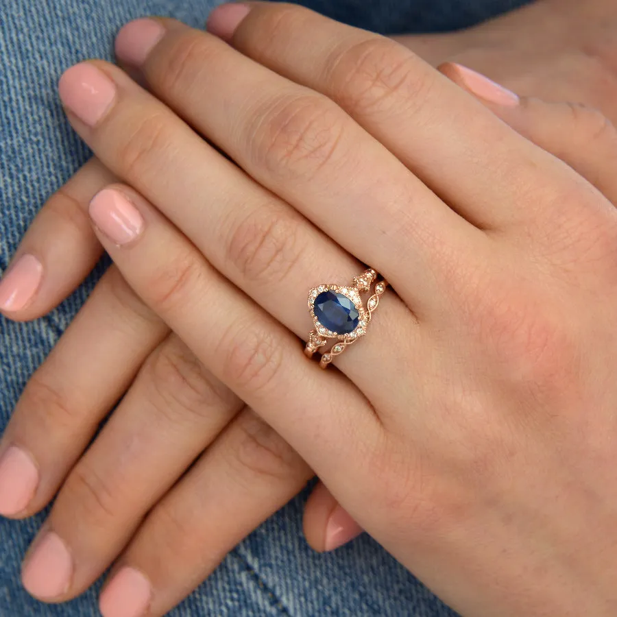 Haydee natural Blue Sapphire Oval Halo Engagement Ring Vintage Style