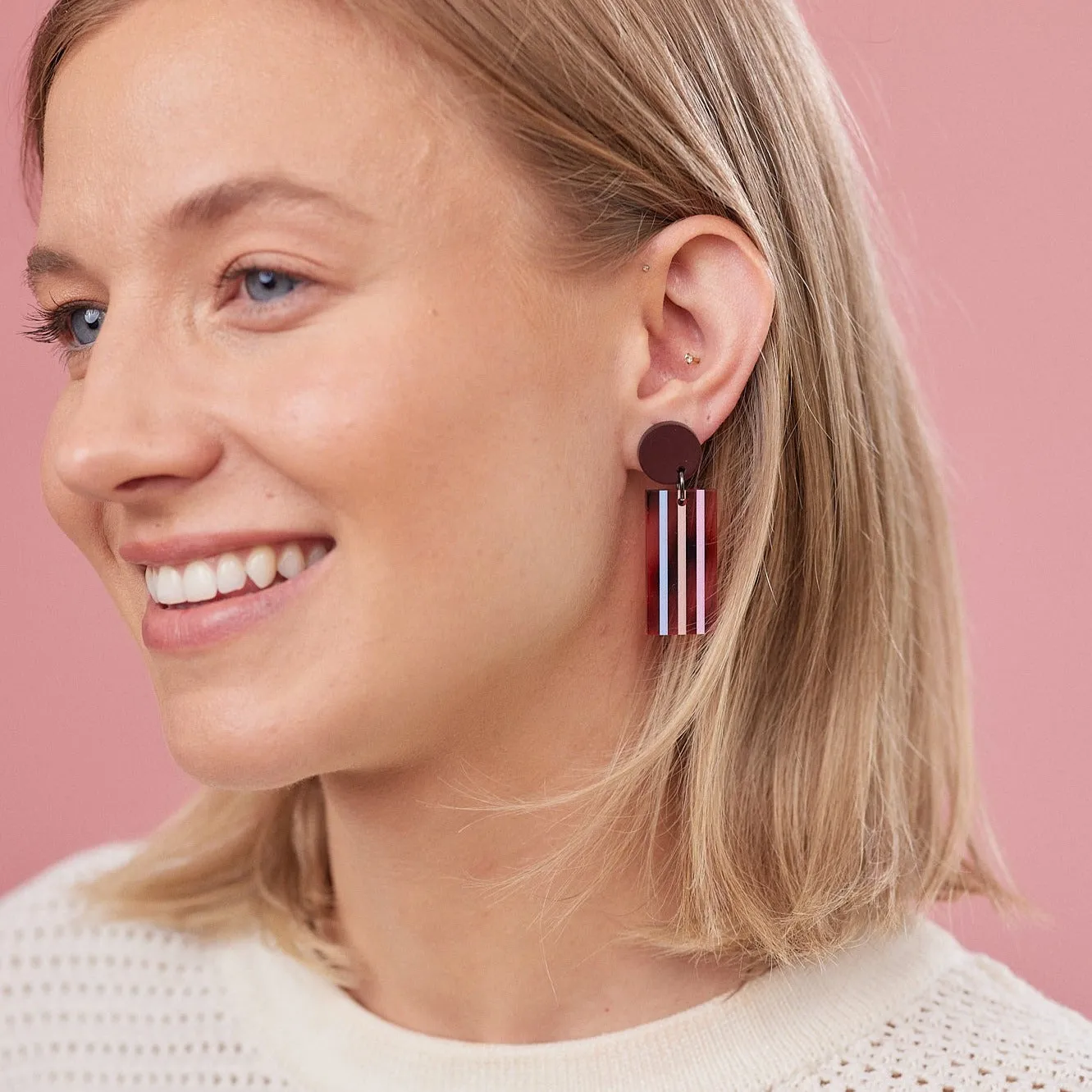 Hilda Stripe Earrings - Burgundy / Tortoise Pink