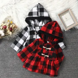 Hooded Plaid Long Sleeve Coat, 12m-4T