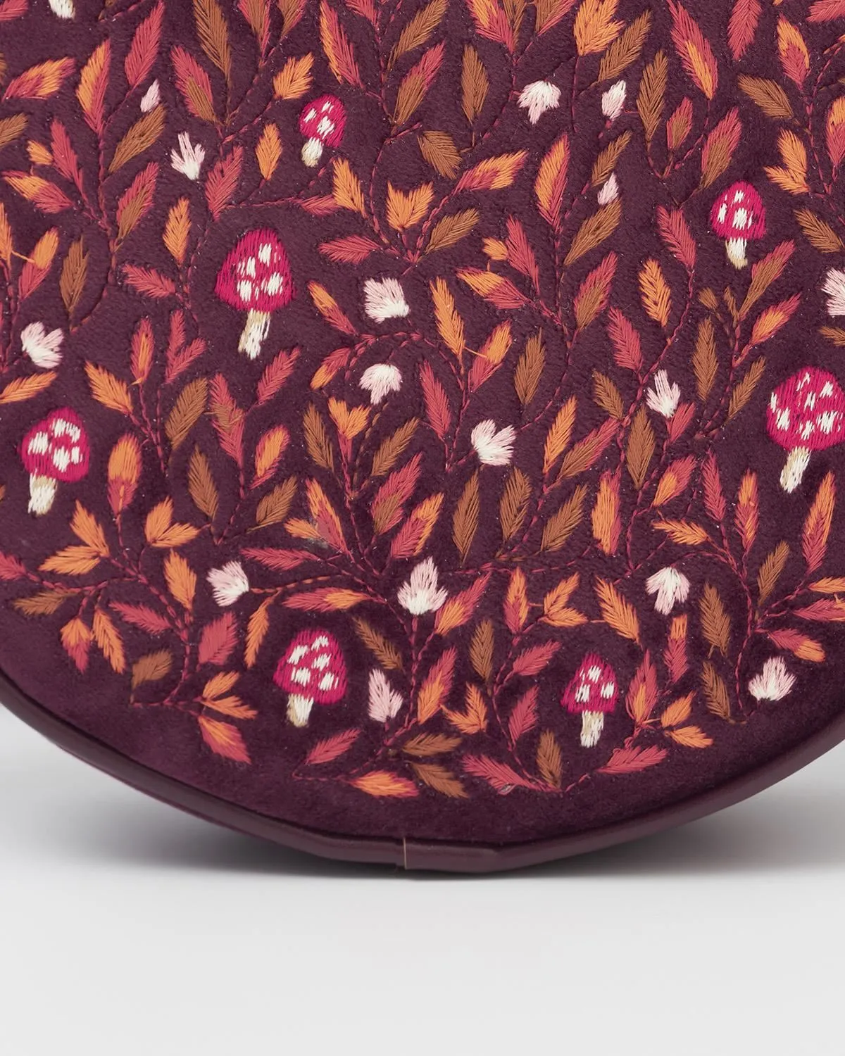 Magical Mushroom Embroidered Burgundy Velvet Circle Bag