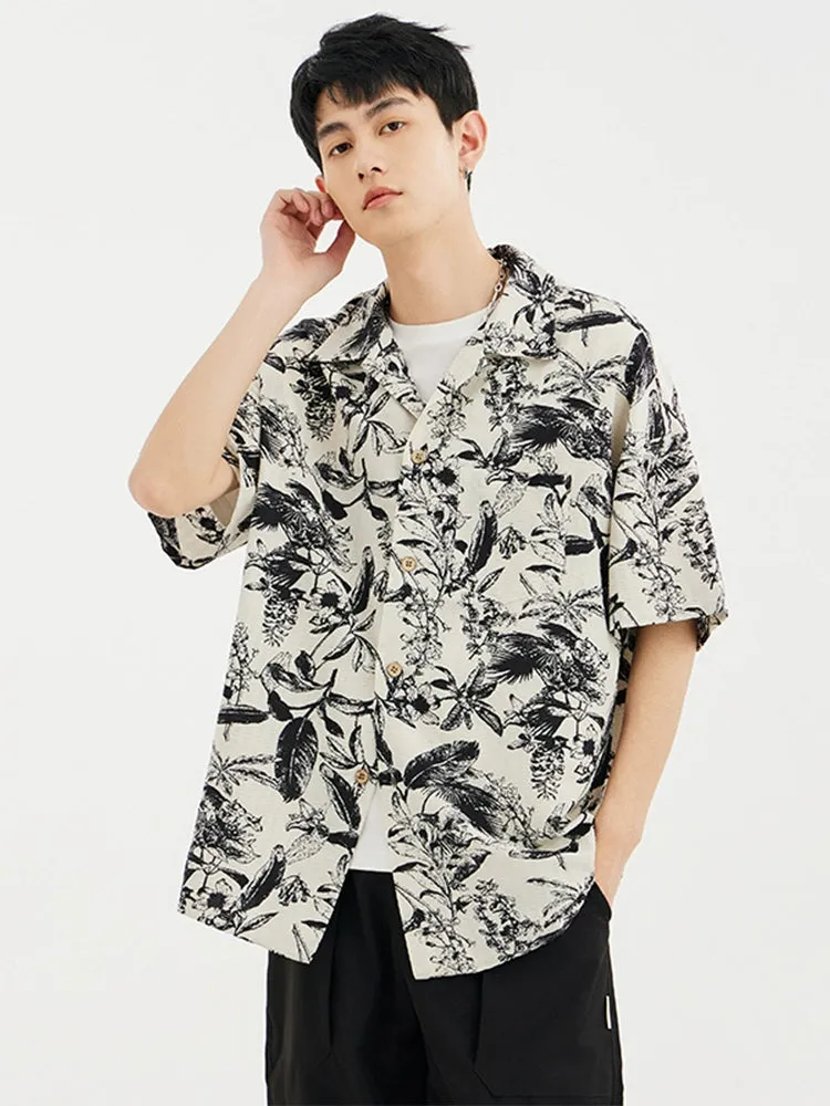 Monochrome Floral Print Button-Up Short Sleeve Shirt