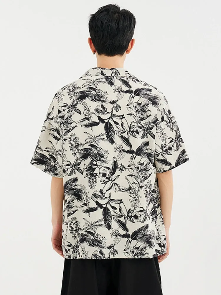 Monochrome Floral Print Button-Up Short Sleeve Shirt