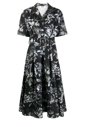 MSGM Belted Floral Print Dress - Black/ White