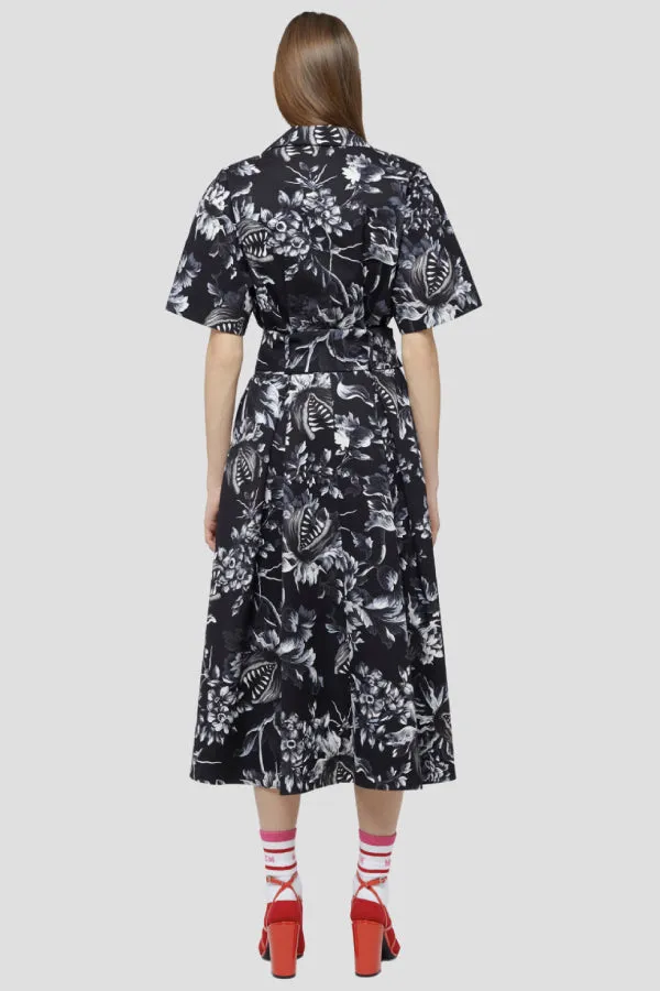 MSGM Belted Floral Print Dress - Black/ White