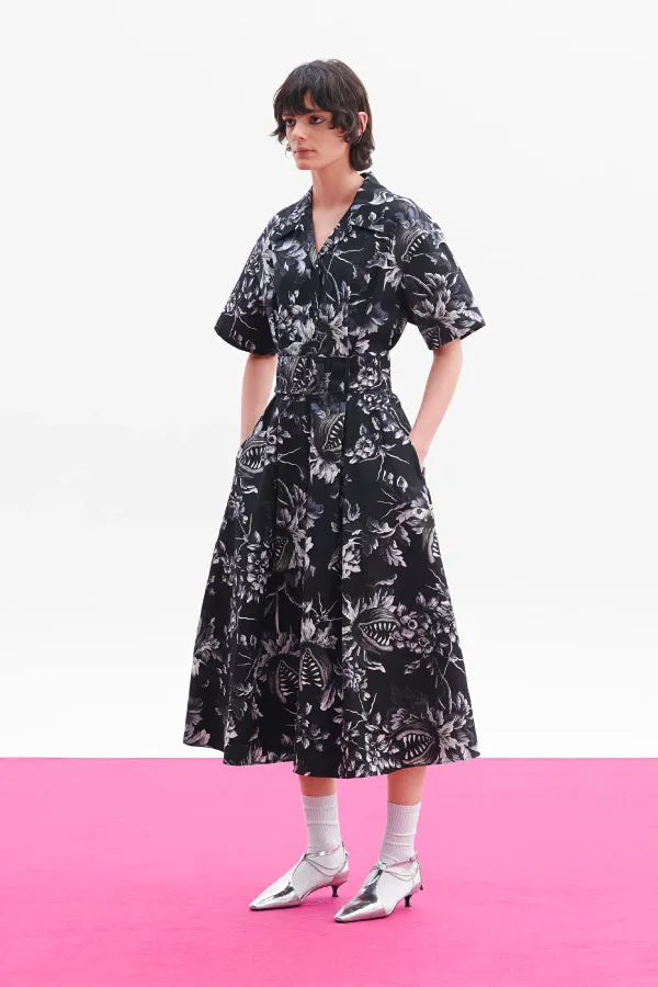 MSGM Belted Floral Print Dress - Black/ White