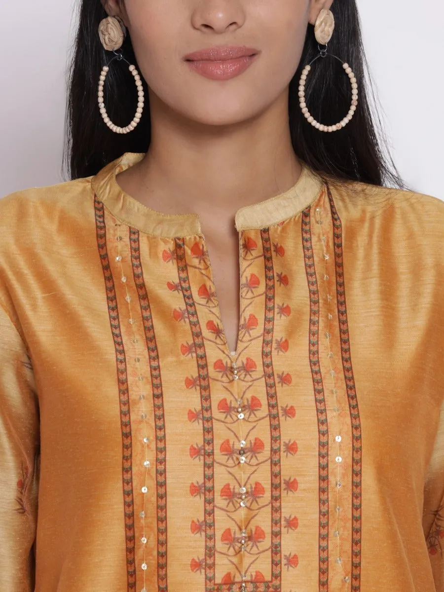 Ochre Yellow Floral Printed Kurta