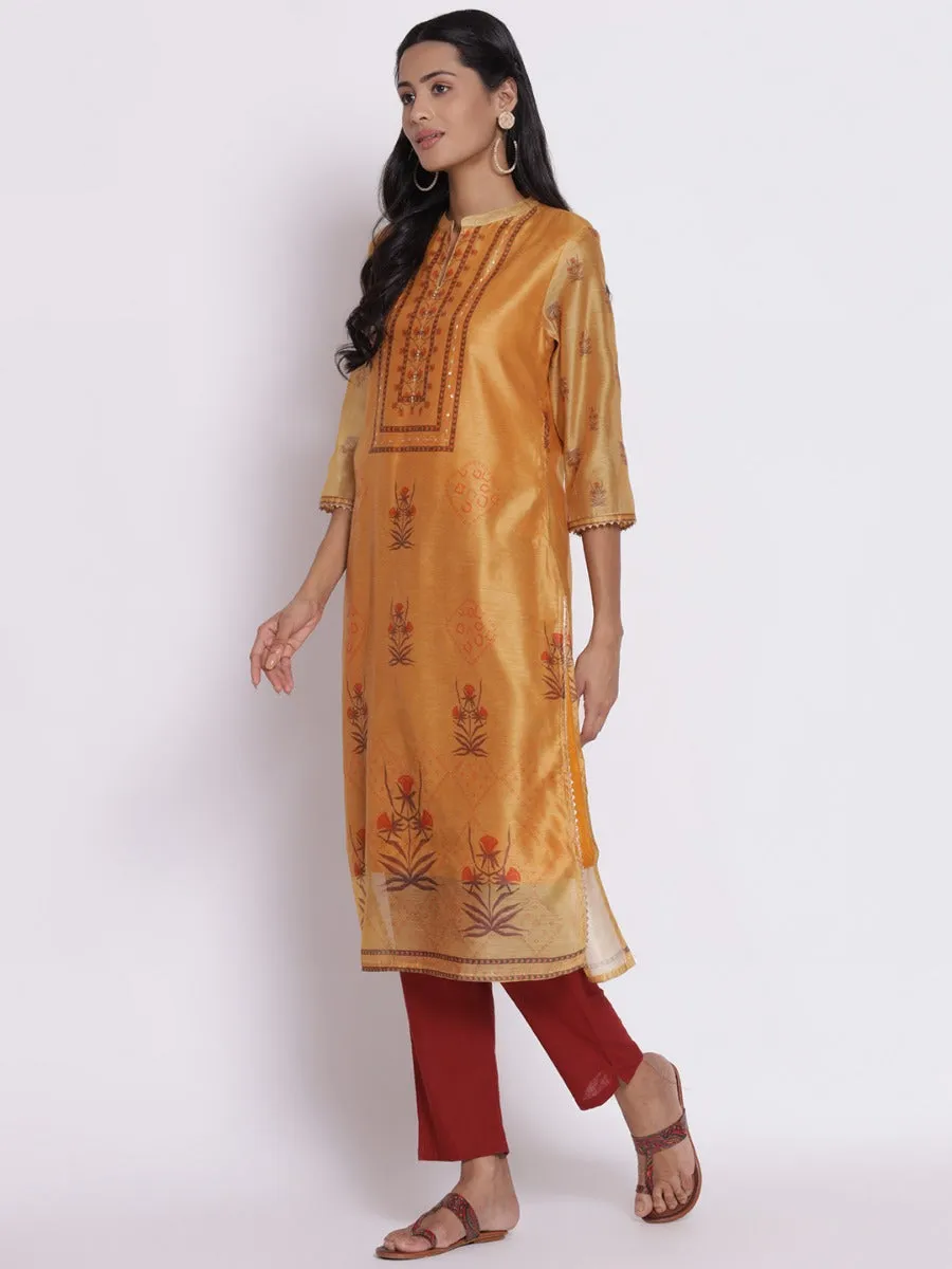 Ochre Yellow Floral Printed Kurta