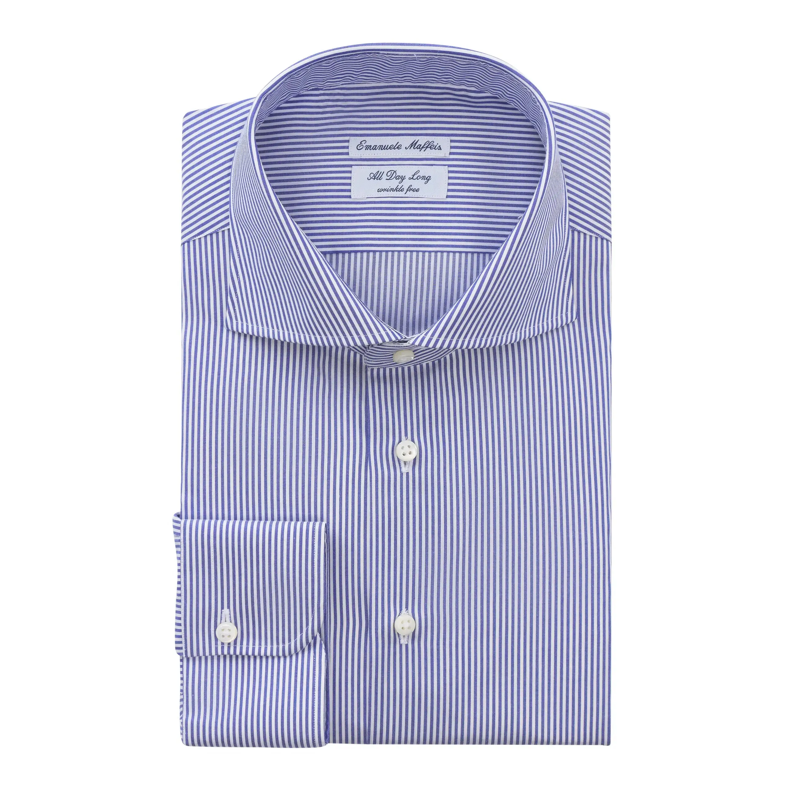 "All Day Long Collection" Bengal-Stripe Cotton Blue Shirt with Cutaway Collar