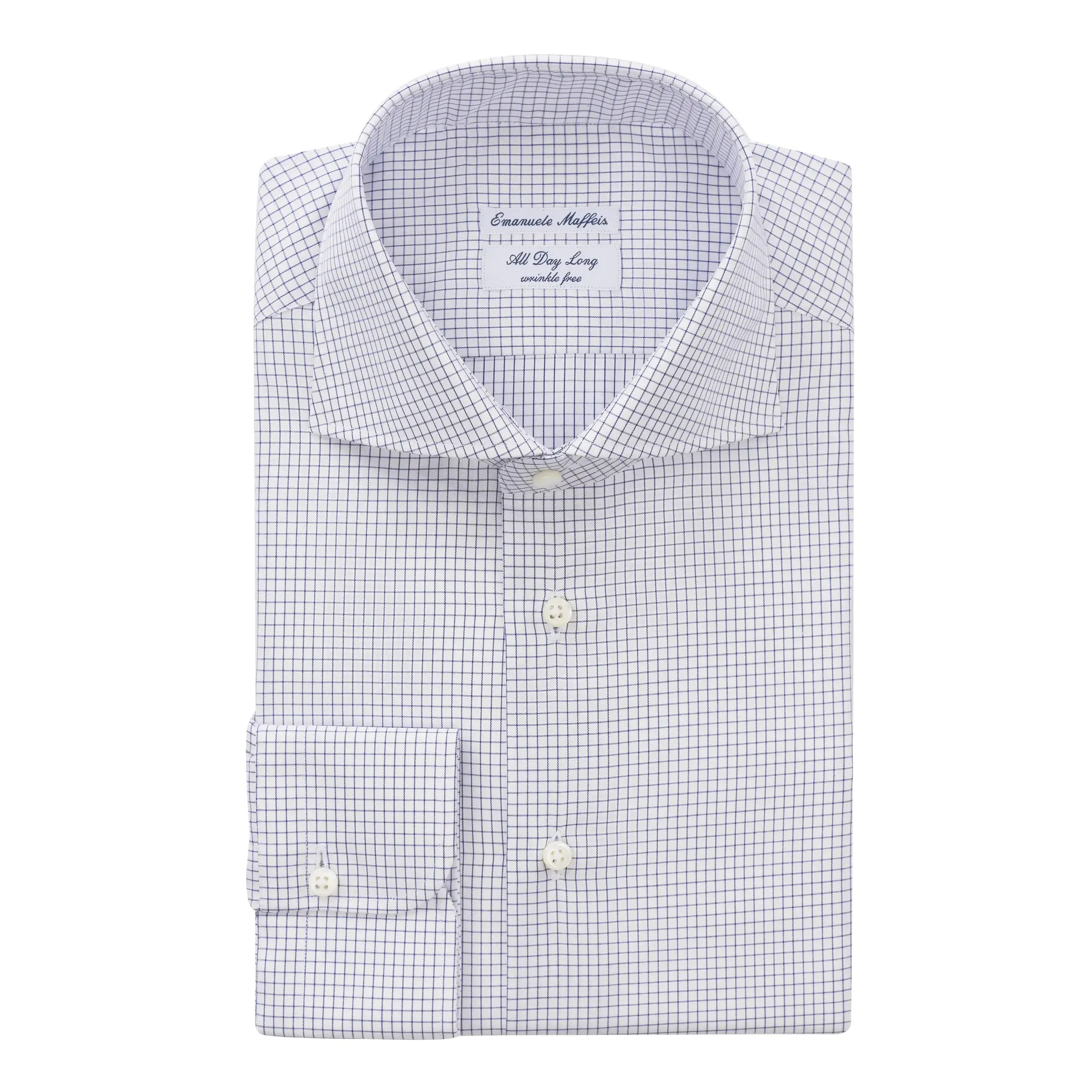 "All Day Long Collection" Graph-Check Cotton Blue Shirt with Cutaway Collar