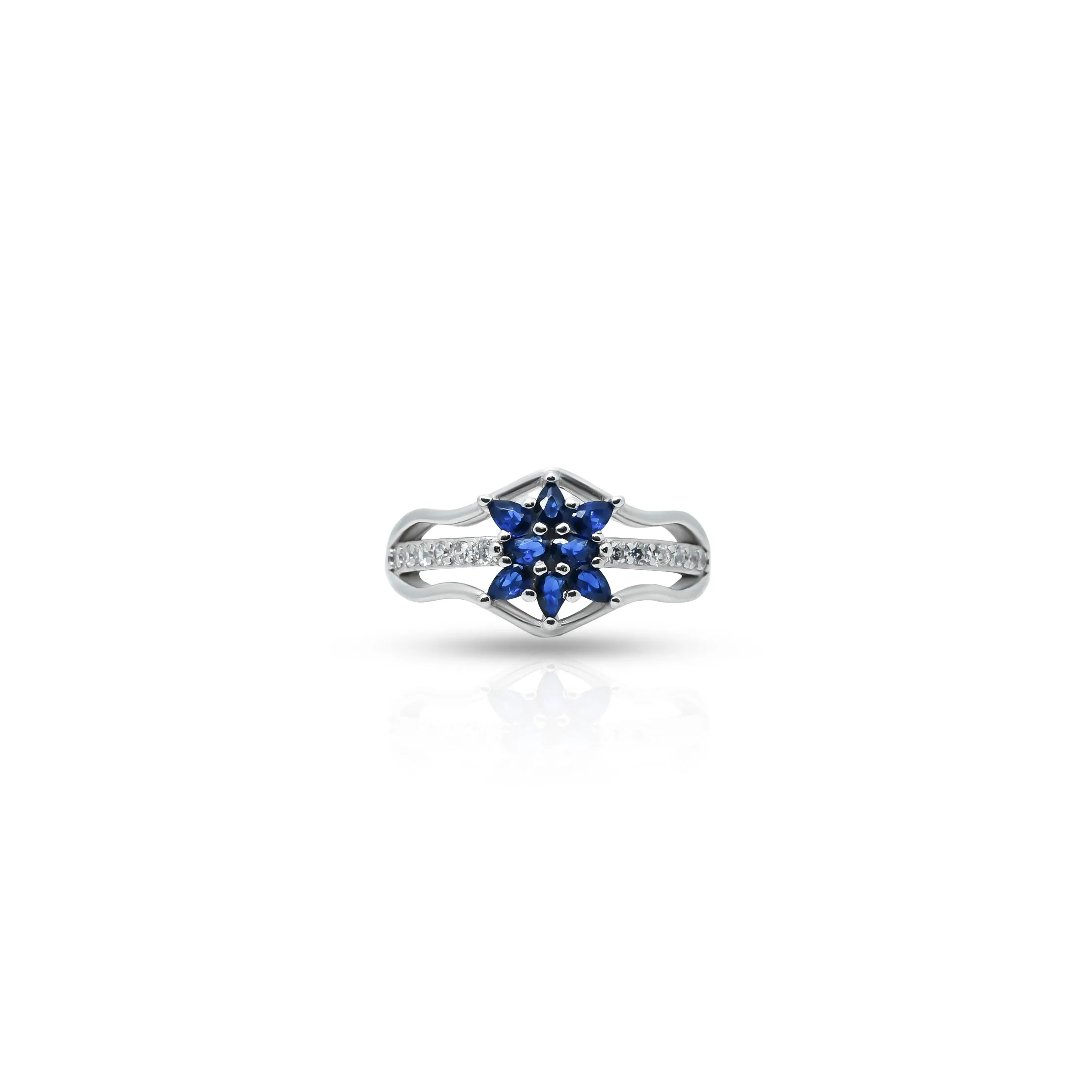 Silver Center Blue Gem Stone Flower Design Ring for Girls