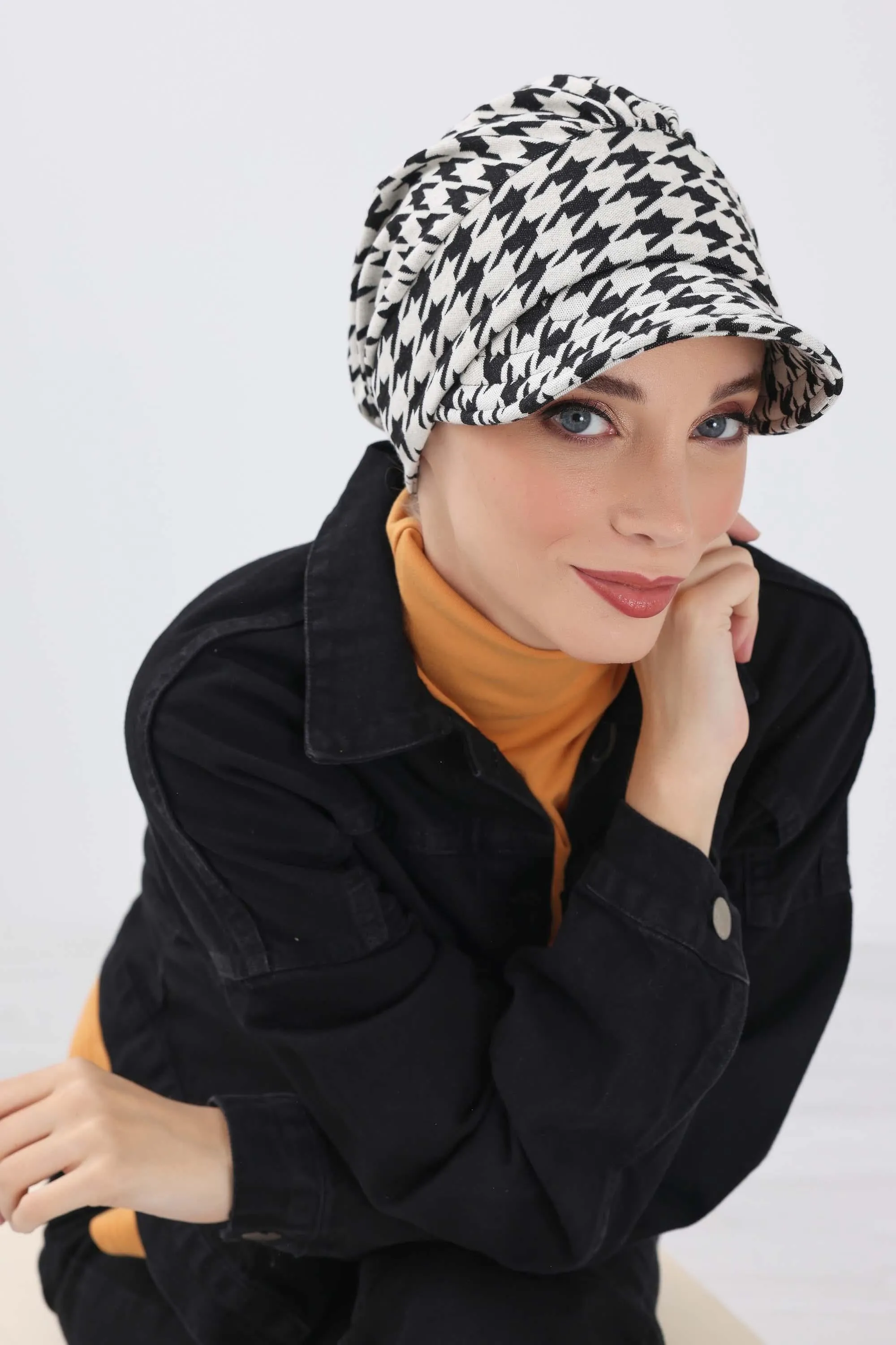 Stylish Winter Visor Turban Hat with Houndstooth & Leopard Prints, Cozy Polyviscose Visor Turban Hat, Warm Winter Headwrap for Women,B-73DIV