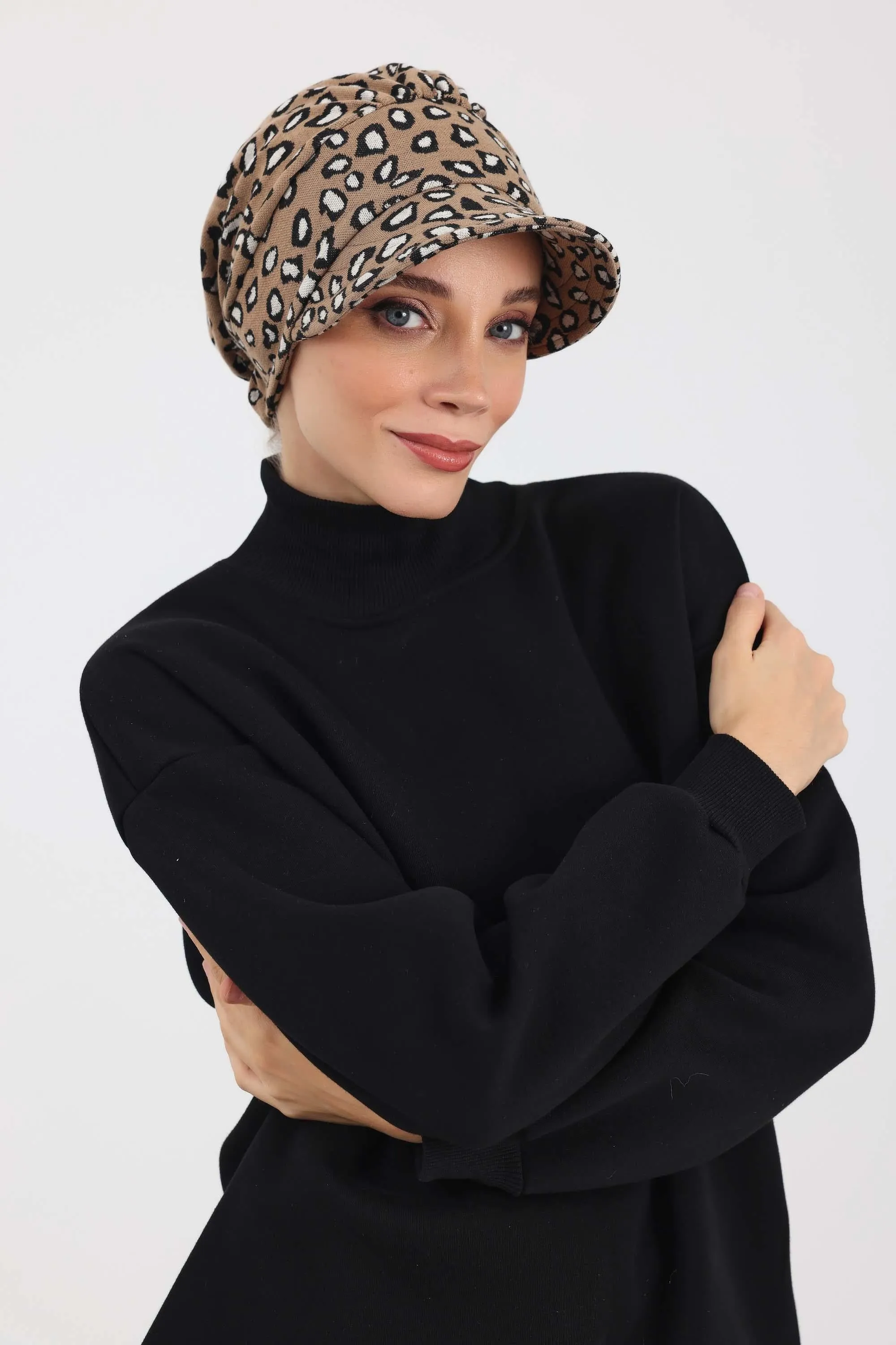 Stylish Winter Visor Turban Hat with Houndstooth & Leopard Prints, Cozy Polyviscose Visor Turban Hat, Warm Winter Headwrap for Women,B-73DIV