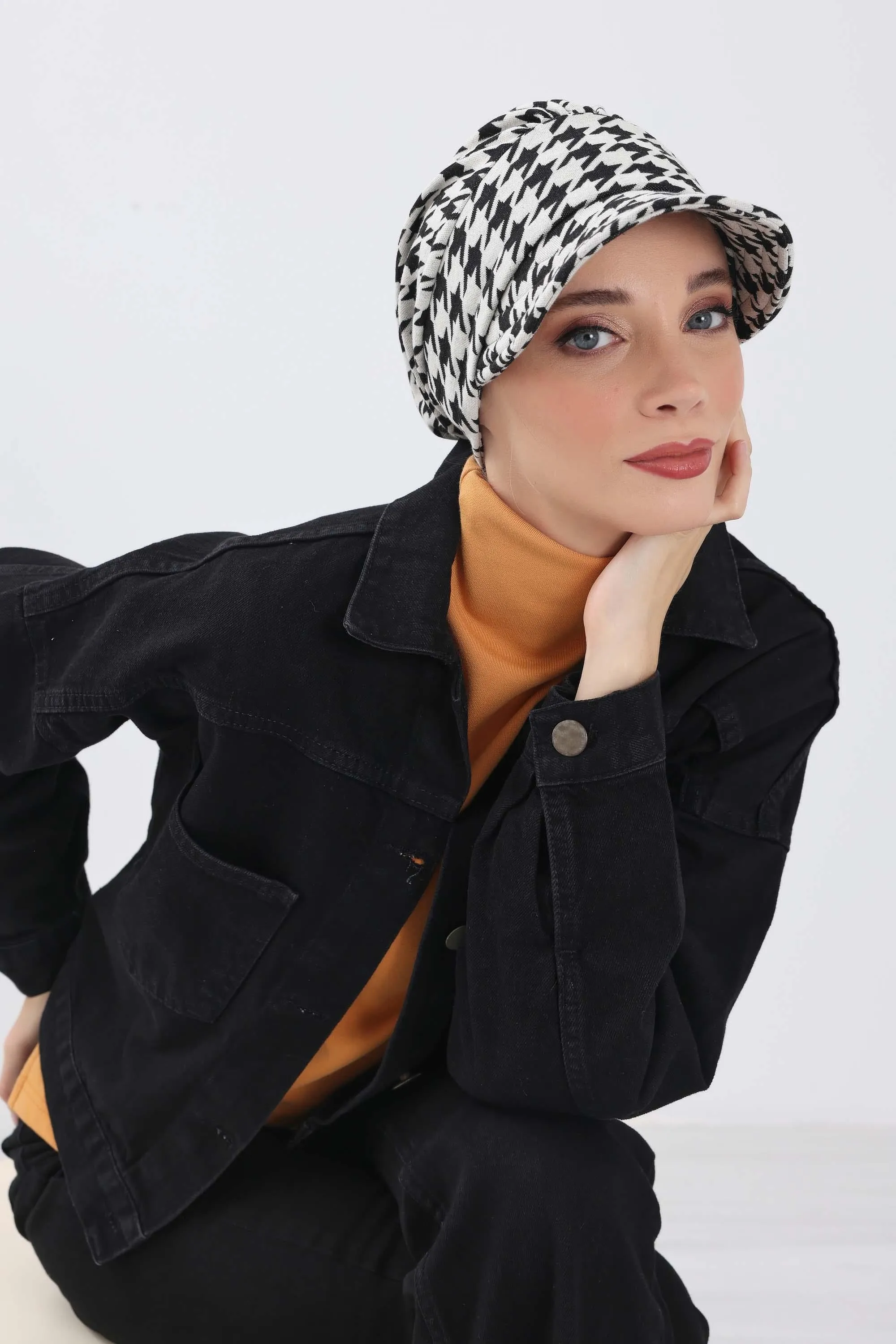 Stylish Winter Visor Turban Hat with Houndstooth & Leopard Prints, Cozy Polyviscose Visor Turban Hat, Warm Winter Headwrap for Women,B-73DIV