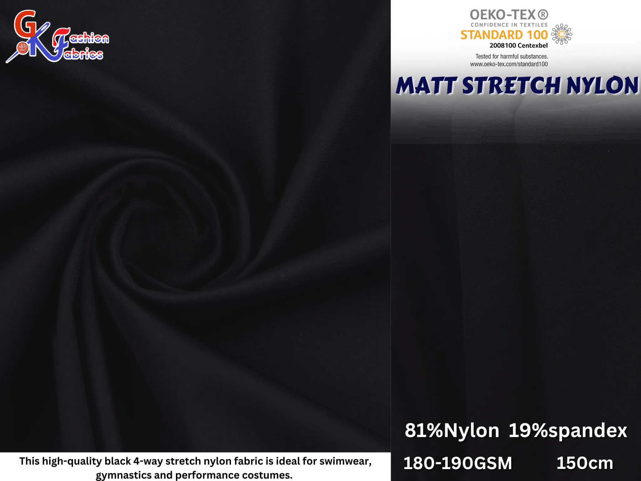 Tricot Nylon Spandex Fabric -Black Matte Finish / 4 Way Stretch 60in Width - Swimwear- Sportswear