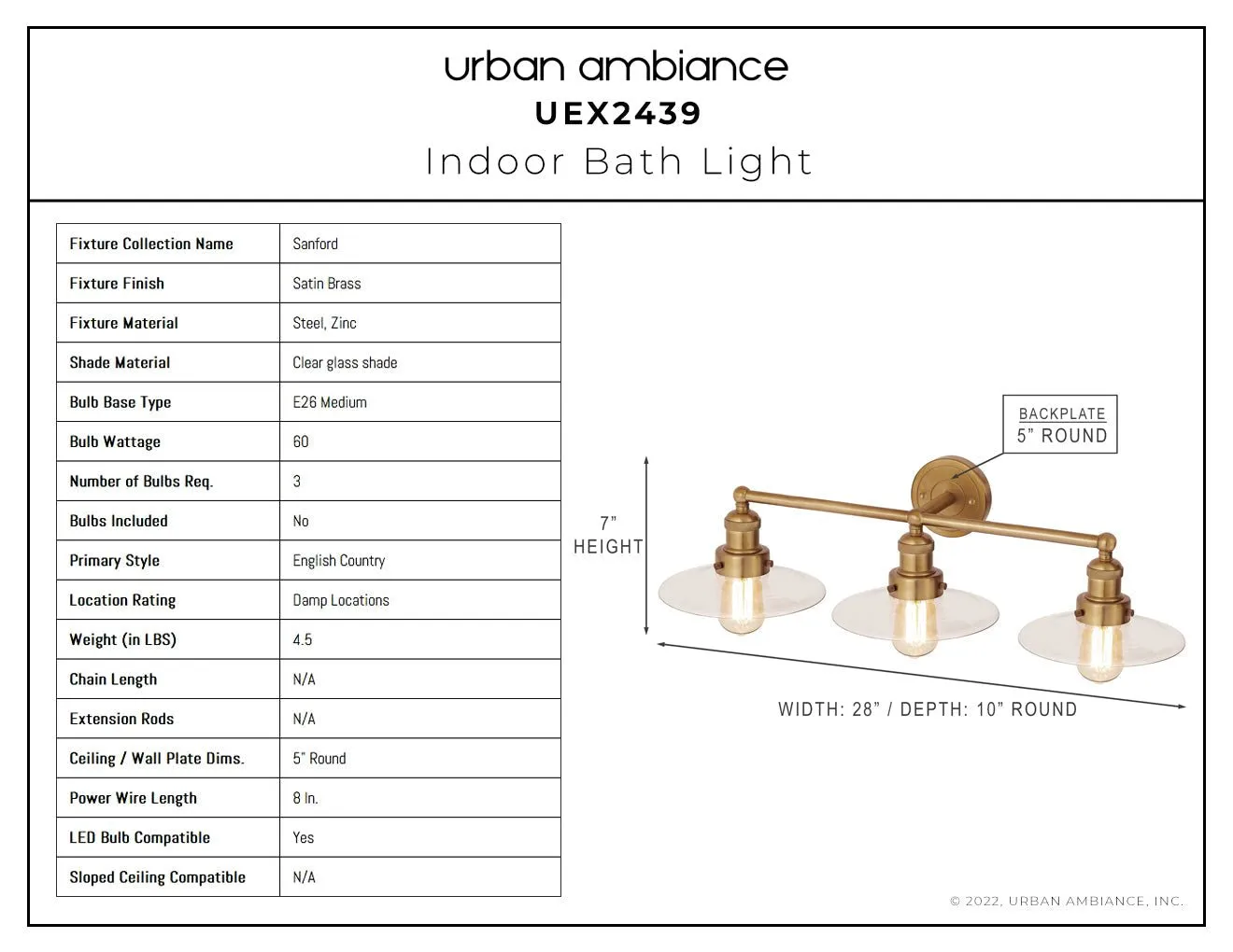 UEX2439 New Traditional Bath Light 7''H x 28''W, Satin Brass Finish, Sanford Collection