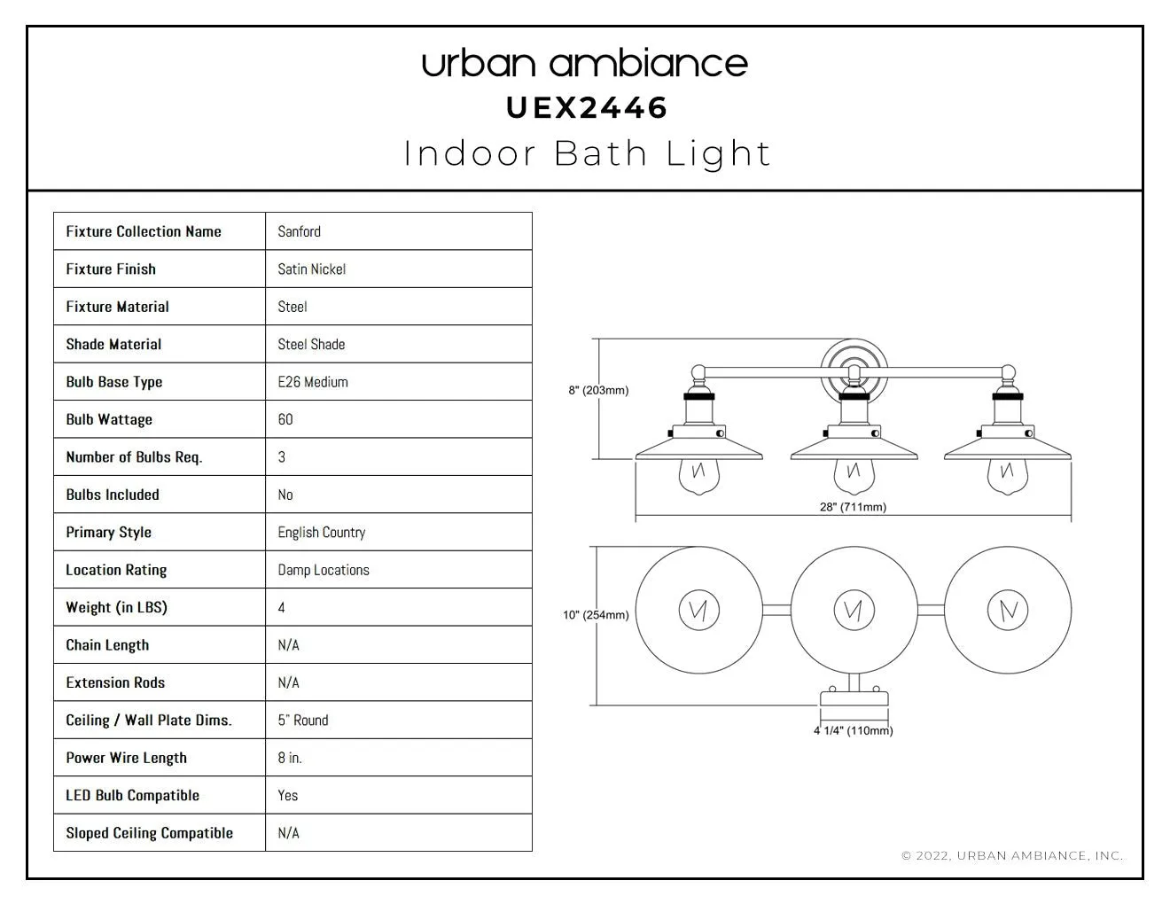 UEX2446 New Traditional Bath Light 8''H x 28''W, Satin Nickel Finish, Sanford Collection