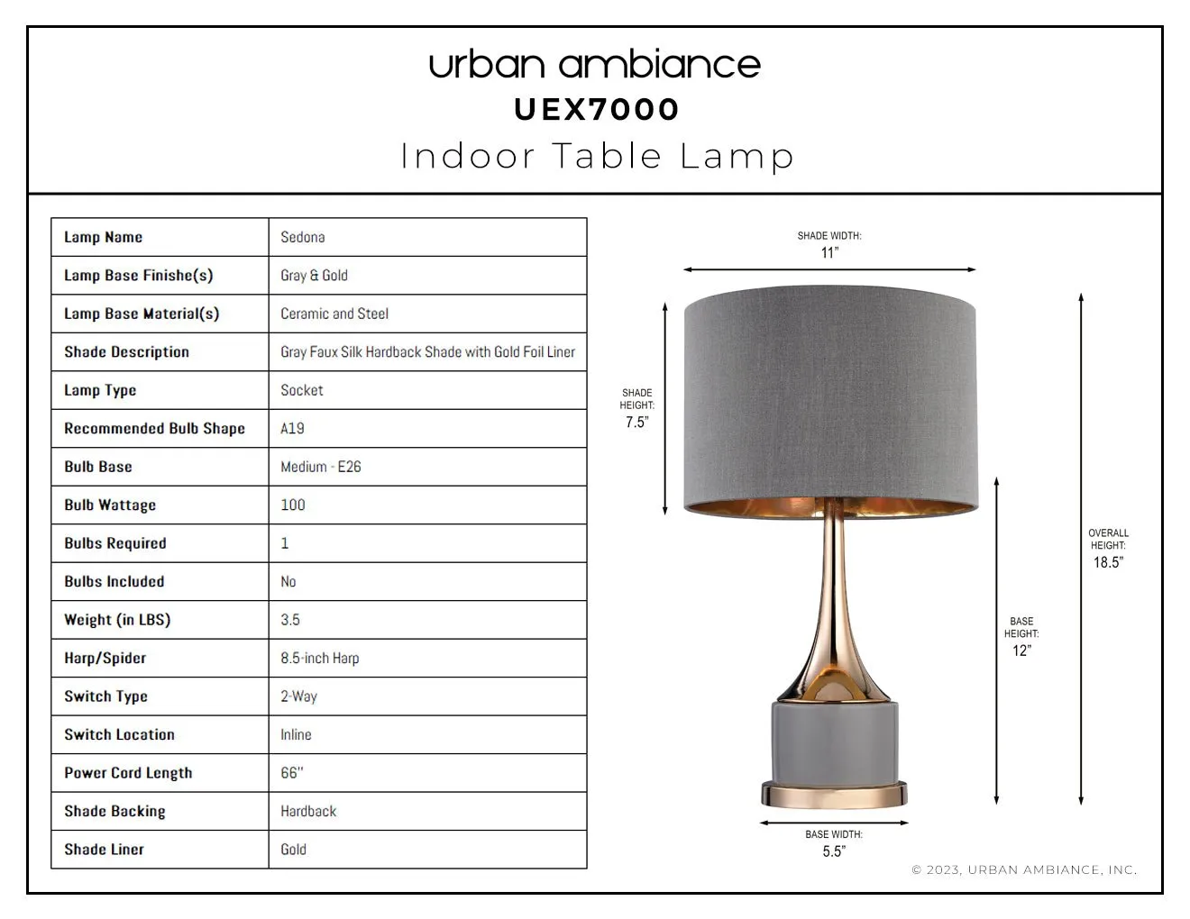 UEX7000 Glam Table Lamp, 18''H x 11''W x 18.5"H, Gray & Gold Finish, Sedona Collection