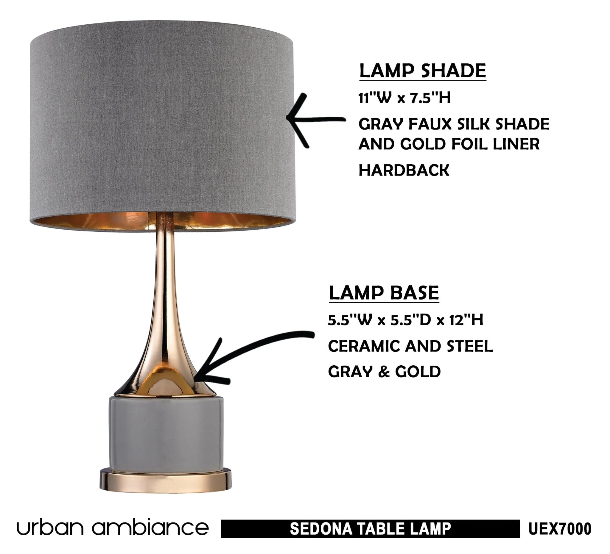 UEX7000 Glam Table Lamp, 18''H x 11''W x 18.5"H, Gray & Gold Finish, Sedona Collection