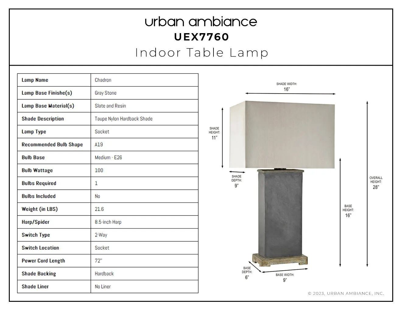 UEX7760 Contemporary Table Lamp 16''W x 11''D x 28''H, Gray Stone Finish, Chadron Collection