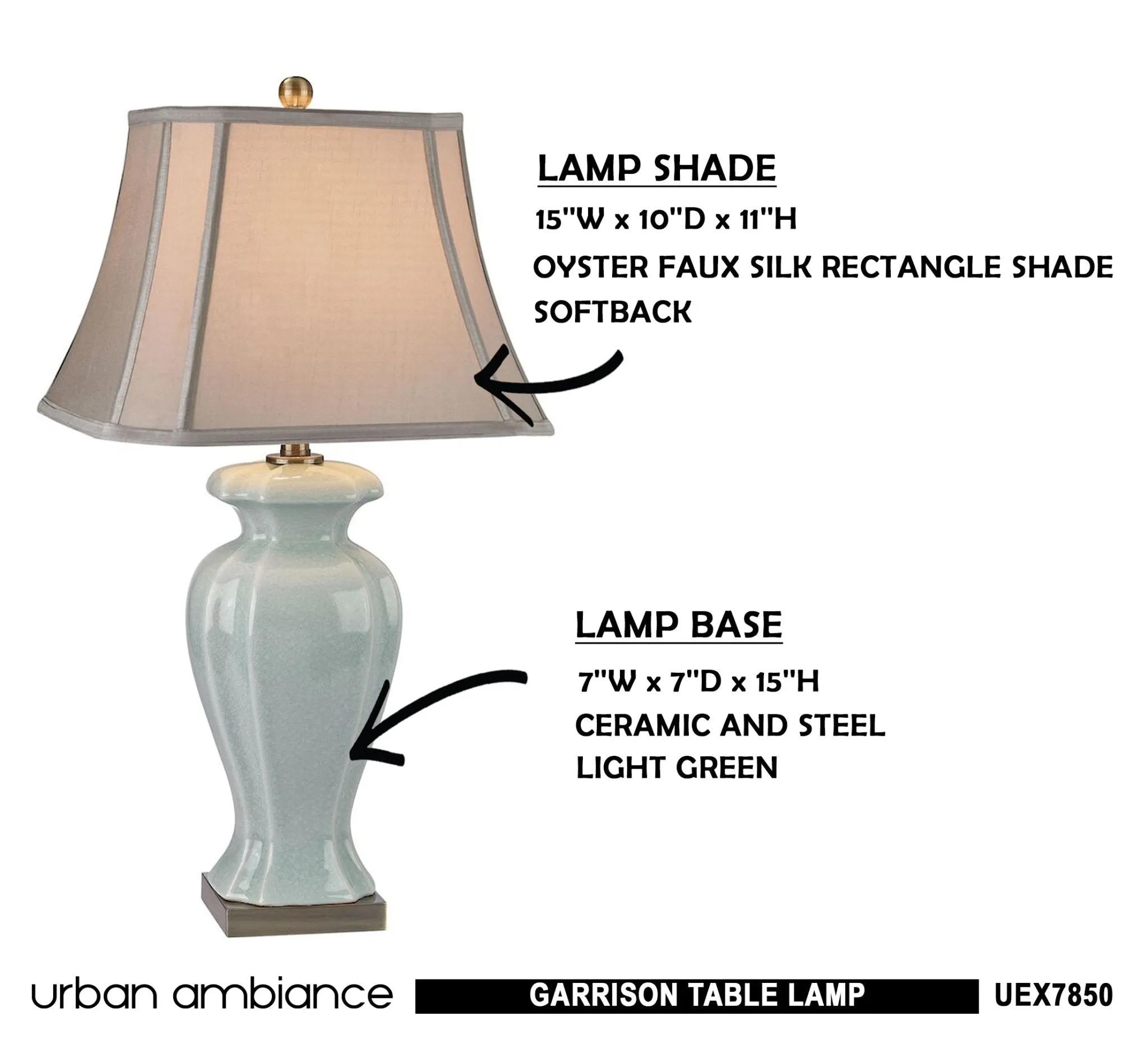 UEX7850 Traditional Table Lamp 15''W x 10''D x 29''H, Light Green Finish, Garrison Collection