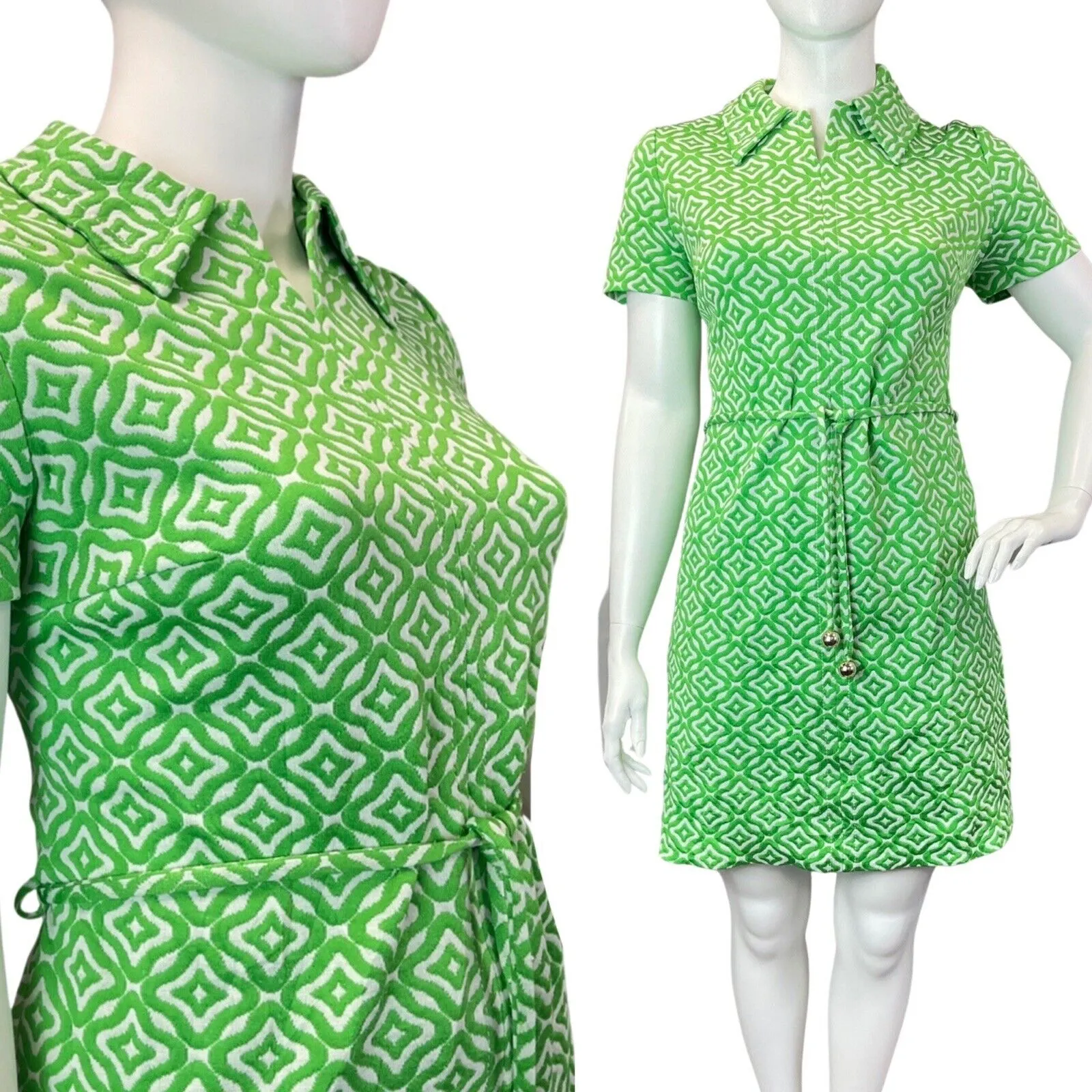 VINTAGE 60s 70s APPLE GREEN WHITE GEOMETRIC MOD DAGGER SHIRT DRESS 16 18