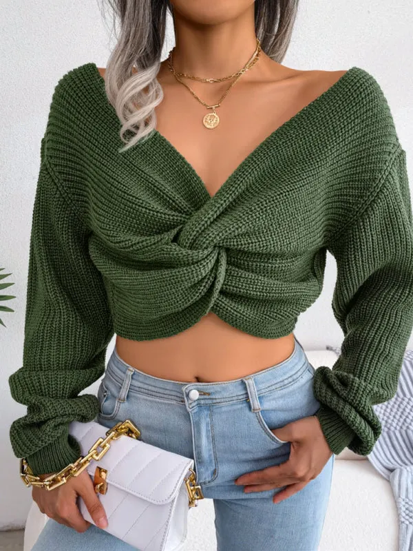 Women's Front Knot Crop Knitted Jumper